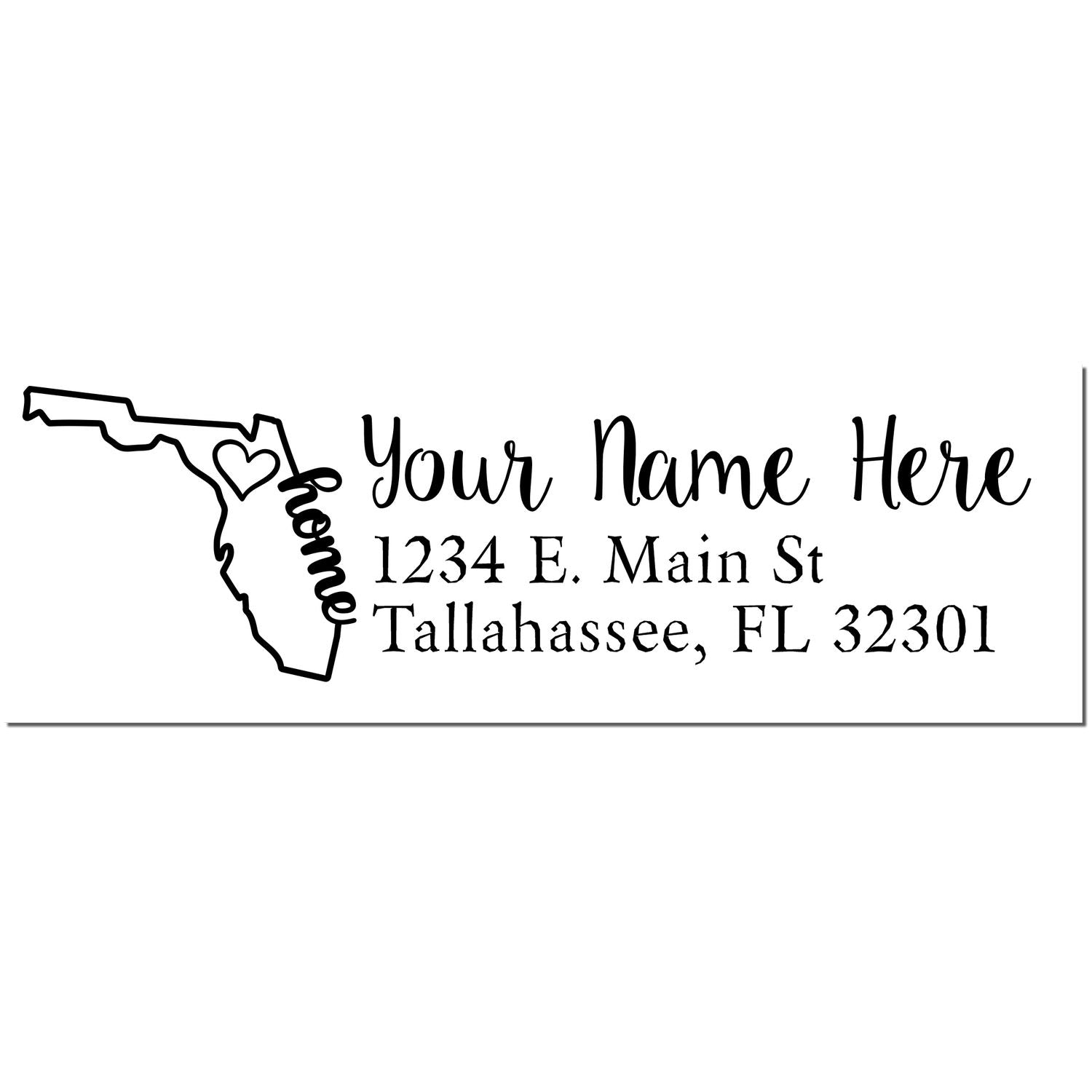 Wood Handle Florida Custom Address Rubber Stamp with a heart design on Florida map outline, personalized with 'Your Name Here' and address '1234 E. Main St, Tallahassee, FL 32301' in black ink.