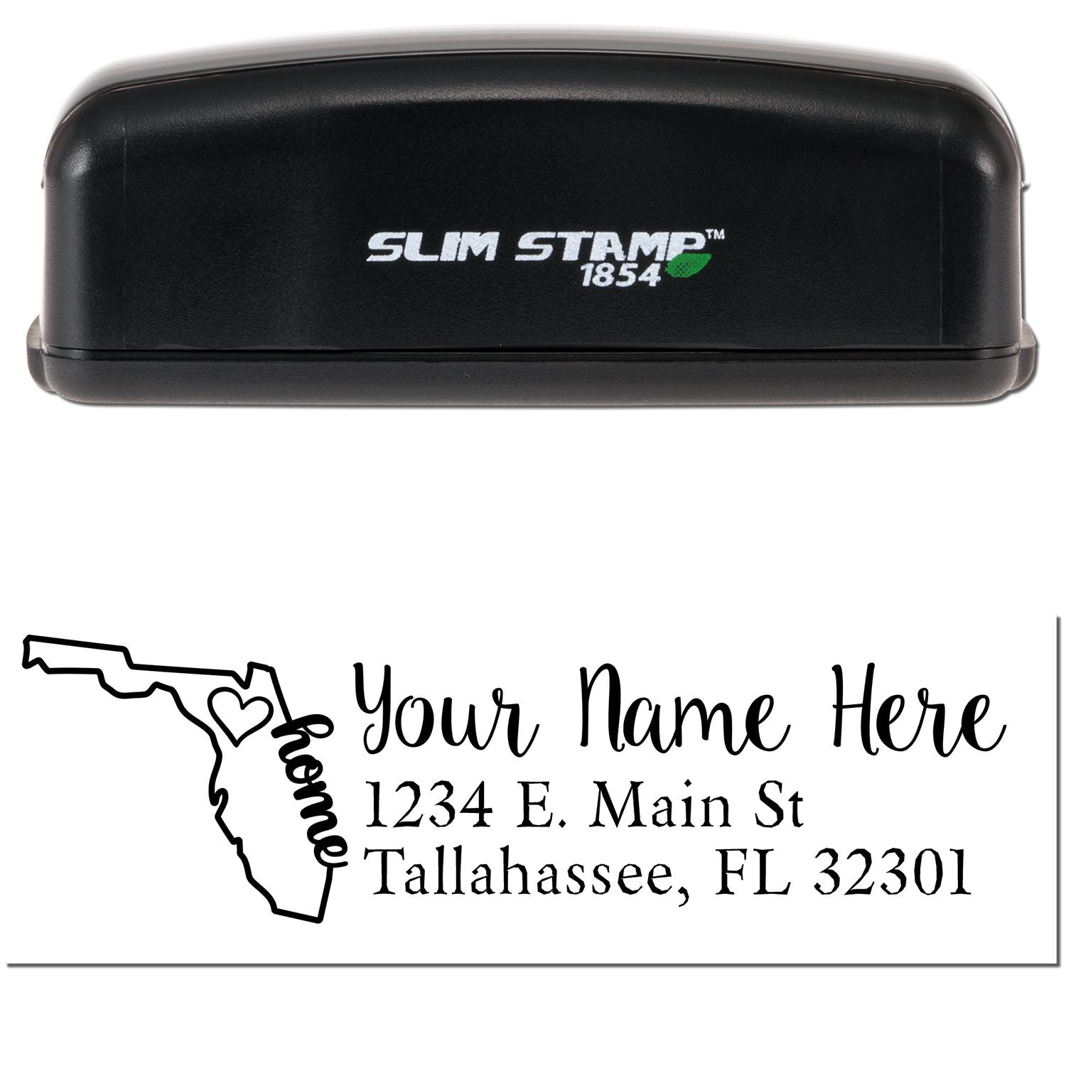 Slim Pre-Inked Florida State Love Custom Address Stamp with a black casing. Features a Florida outline with a heart and the word home, customizable with name and address.