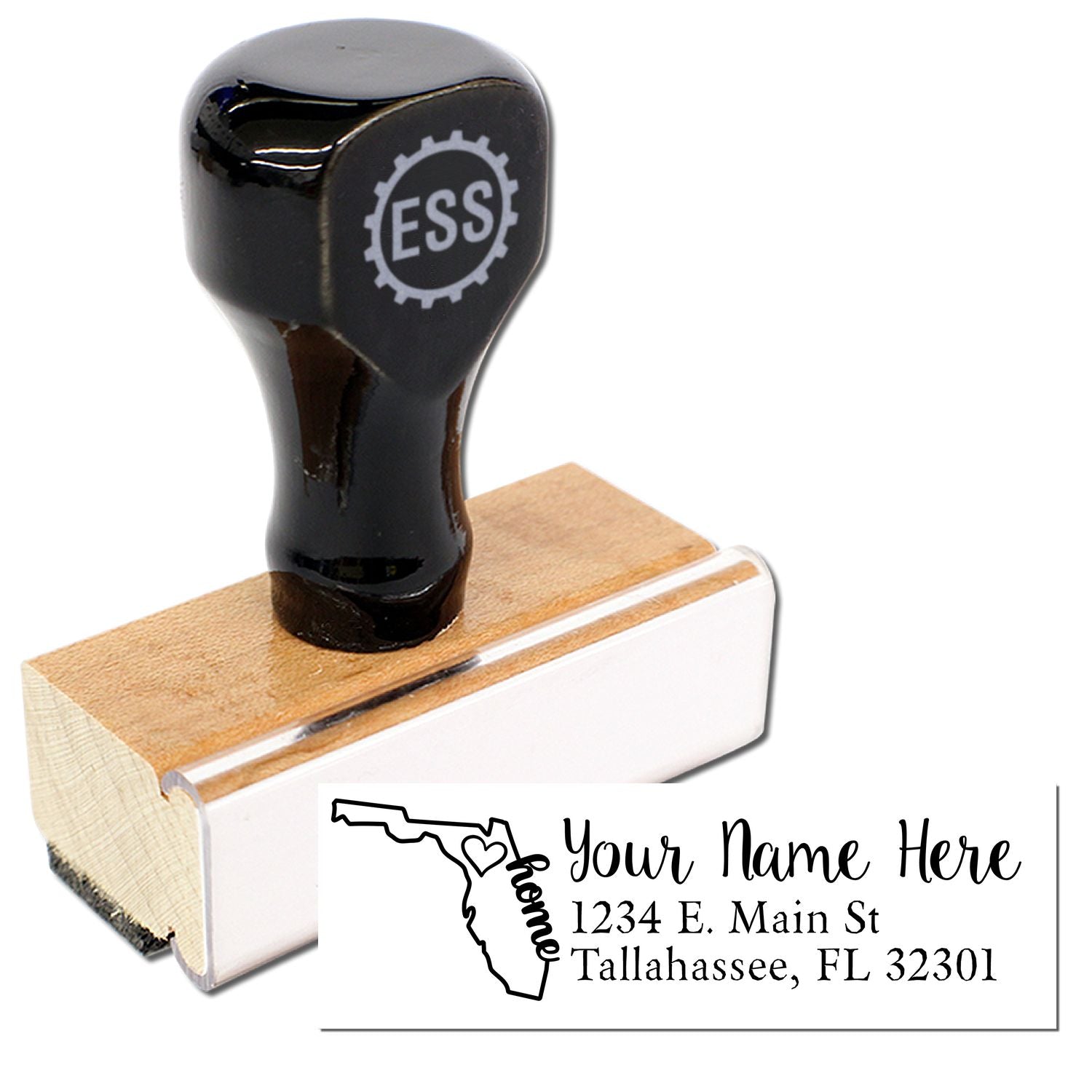 Wood Handle Florida Custom Address Rubber Stamp with black top and wooden base. Includes a sample address design featuring a Florida outline and customizable text for personalizing your mail.