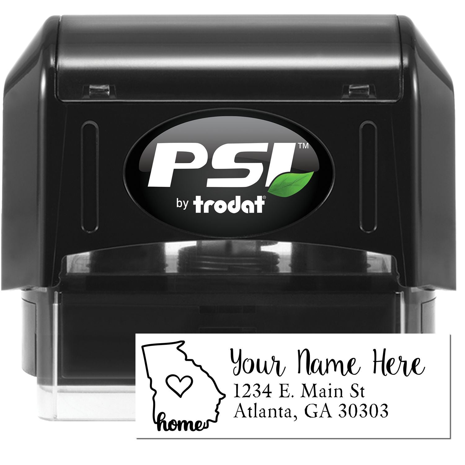 PSI Pre-Inked Personalized Georgia State Love Address Stamp with a black casing, featuring a customizable address area and a Georgia state outline with a heart.