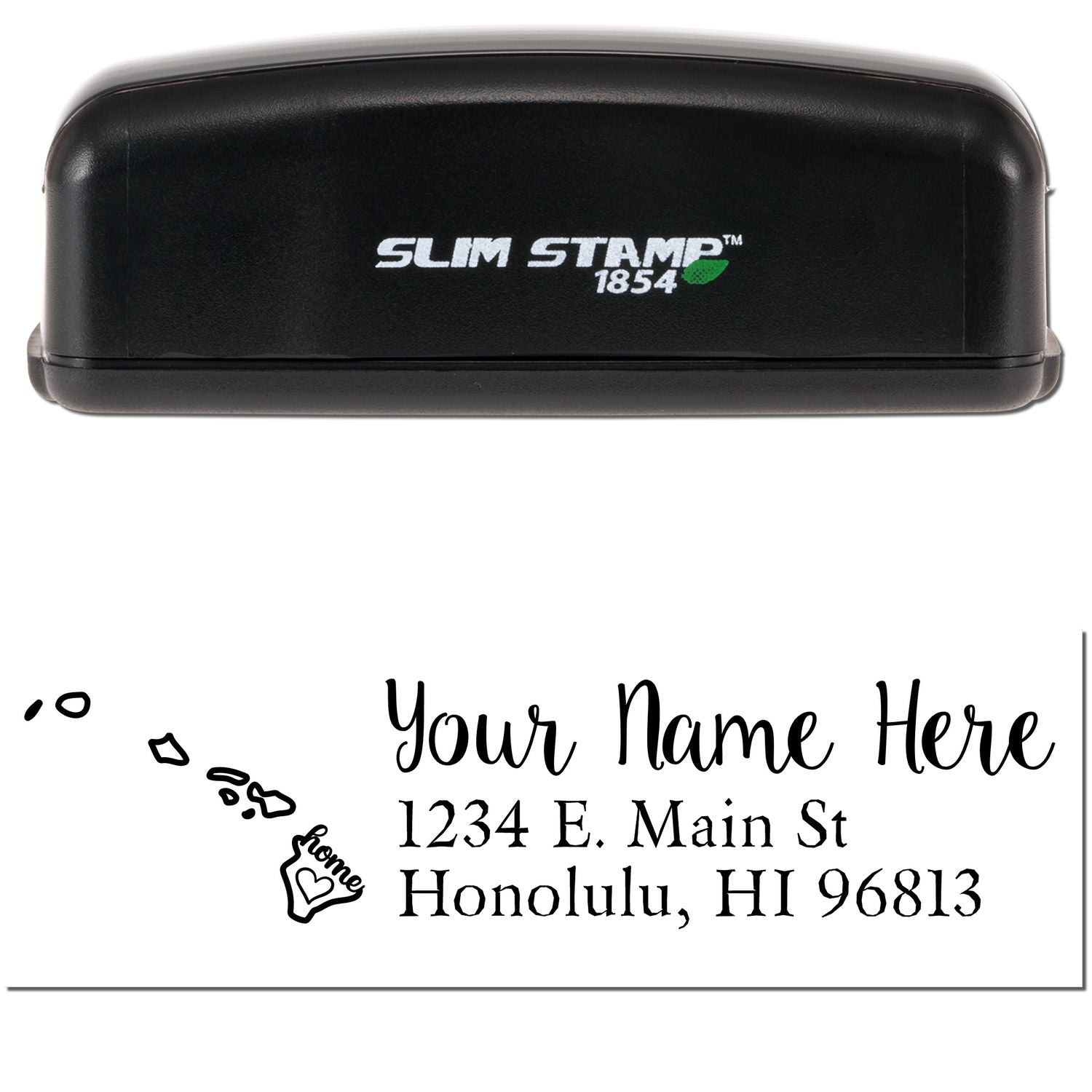 Slim Pre-Inked Hawaii State Love Custom Address Stamp with black casing, featuring a personalized address and heart design on the stamp impression.