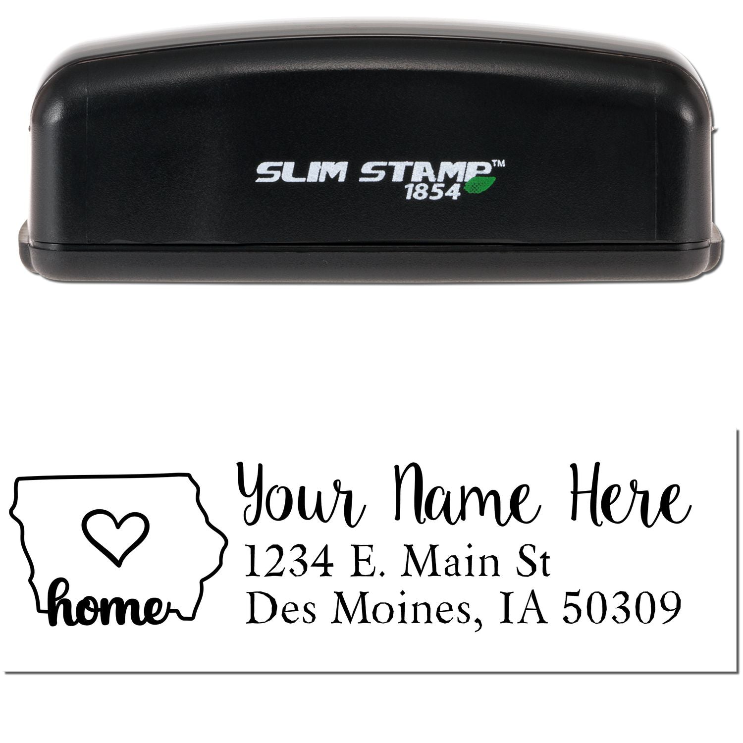 Slim Pre-Inked Iowa State Love Custom Address Stamp with a black casing. Features a heart and home design with customizable address text, perfect for personalizing mail from Iowa.