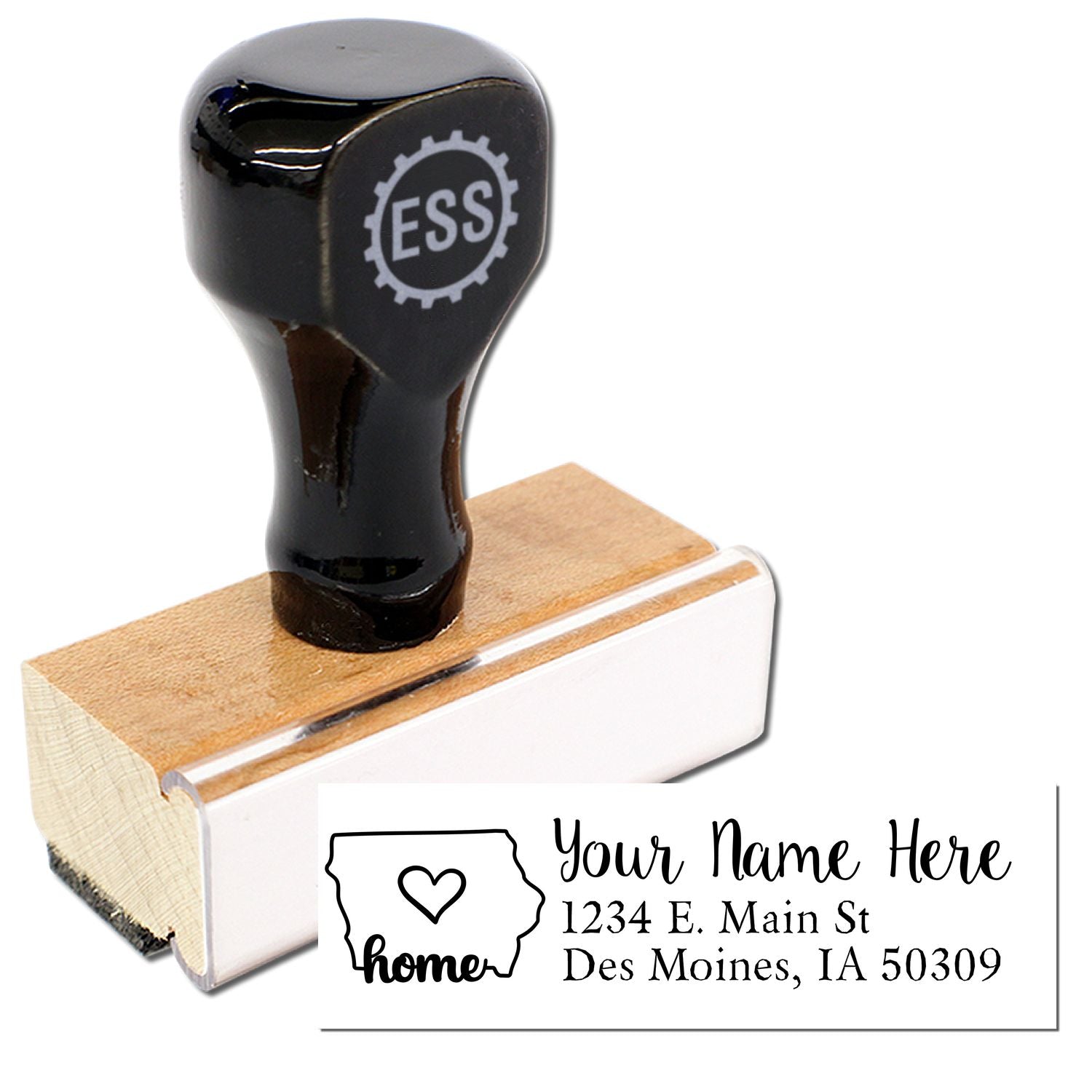 Wood Handle Iowa Custom Address Rubber Stamp with a black top and wooden base. Features a sample address: 1234 E. Main St, Des Moines, IA 50309 and a home graphic with Iowa state outline.