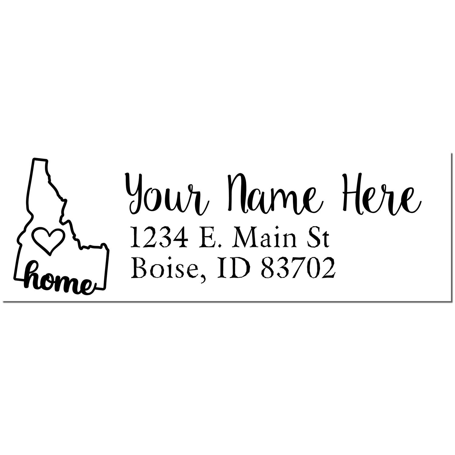 Idaho Self-Inking State Love Address Stamp featuring a heart within the Idaho state outline, customizable with name and address. Perfect for personalizing mail with a touch of home.