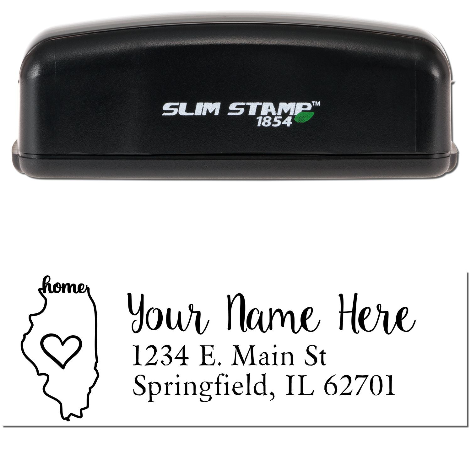 Slim Pre-Inked Illinois State Love Custom Address Stamp with a black casing, featuring a heart inside the state outline and customizable address text below.