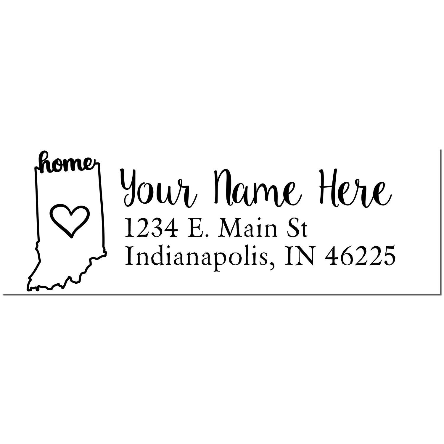 Indiana Self-Inking State Love Address Stamp with a heart design, customizable with name and address, featuring 'home' text and Indiana state outline.