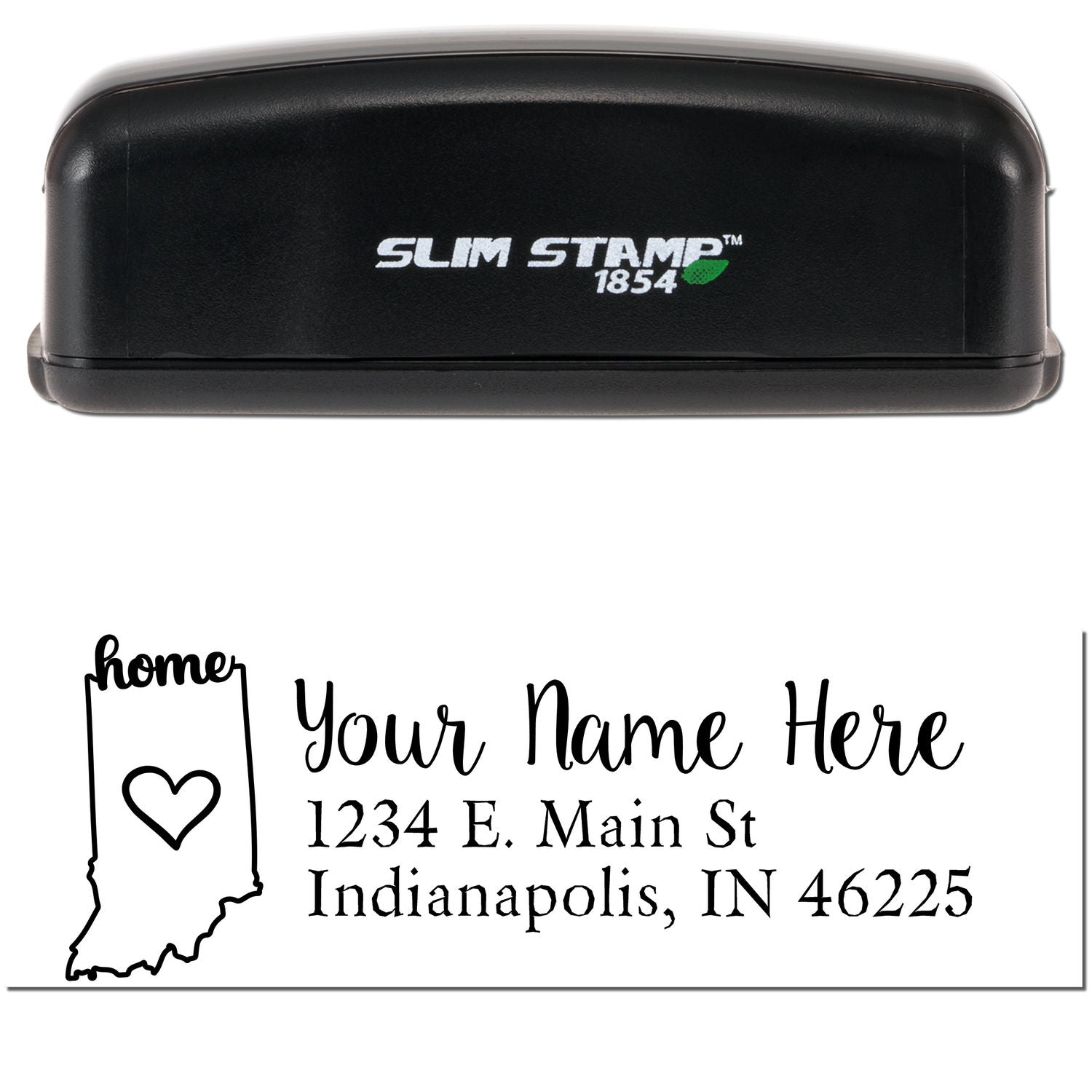 Black Slim Pre-Inked Indiana State Love Custom Address Stamp with Your Name Here and address template, featuring a heart and Indiana state outline.