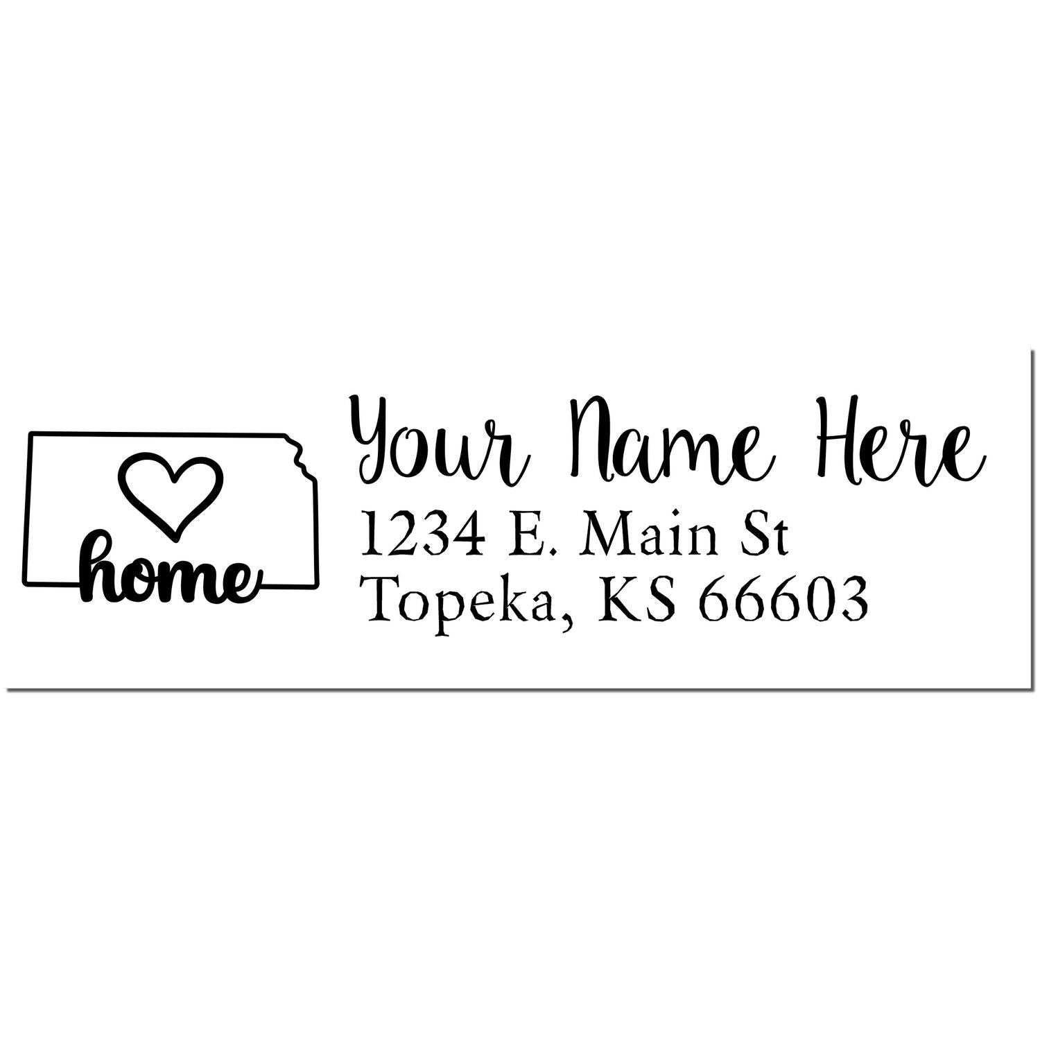 PSI Pre-Inked Personalized Kansas State Love Address Stamp with a heart design, customizable name, and address fields, featuring 'home' text inside a Kansas state outline.