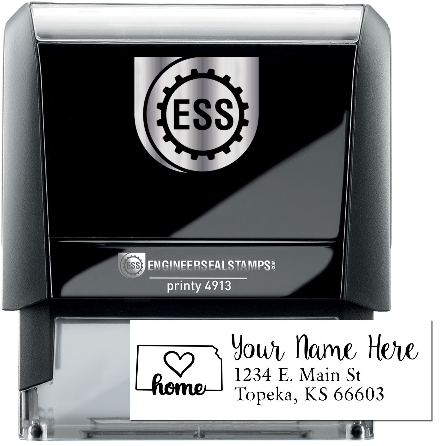 Kansas Self-Inking State Love Address Stamp featuring a black casing with ESS logo. Includes customizable address area with a heart and state outline design. Ideal for personalizing mail.