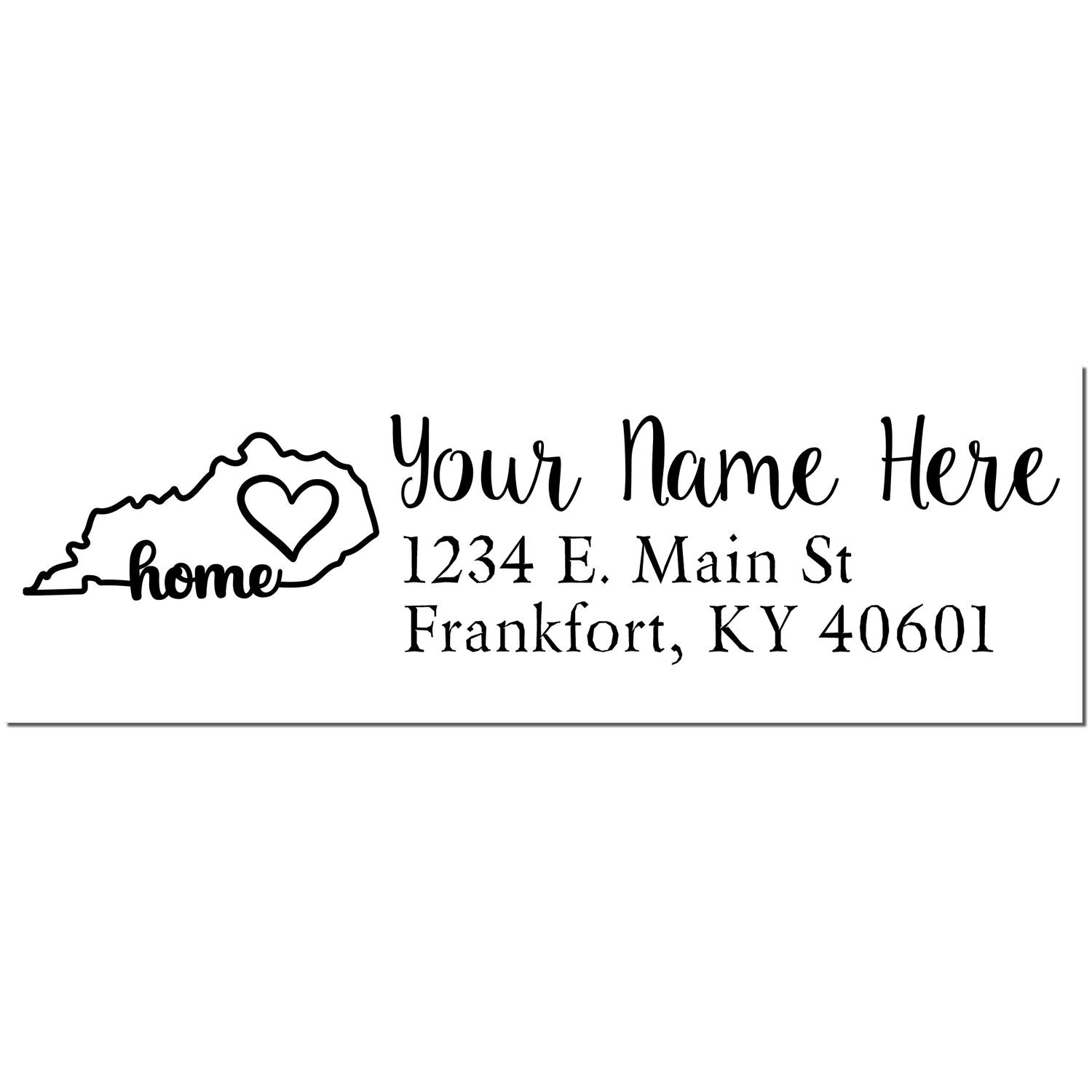 Kentucky Self-Inking State Love Address Stamp featuring a heart inside the state outline, customizable with name and address. Perfect for personalizing mail with a touch of Kentucky pride.