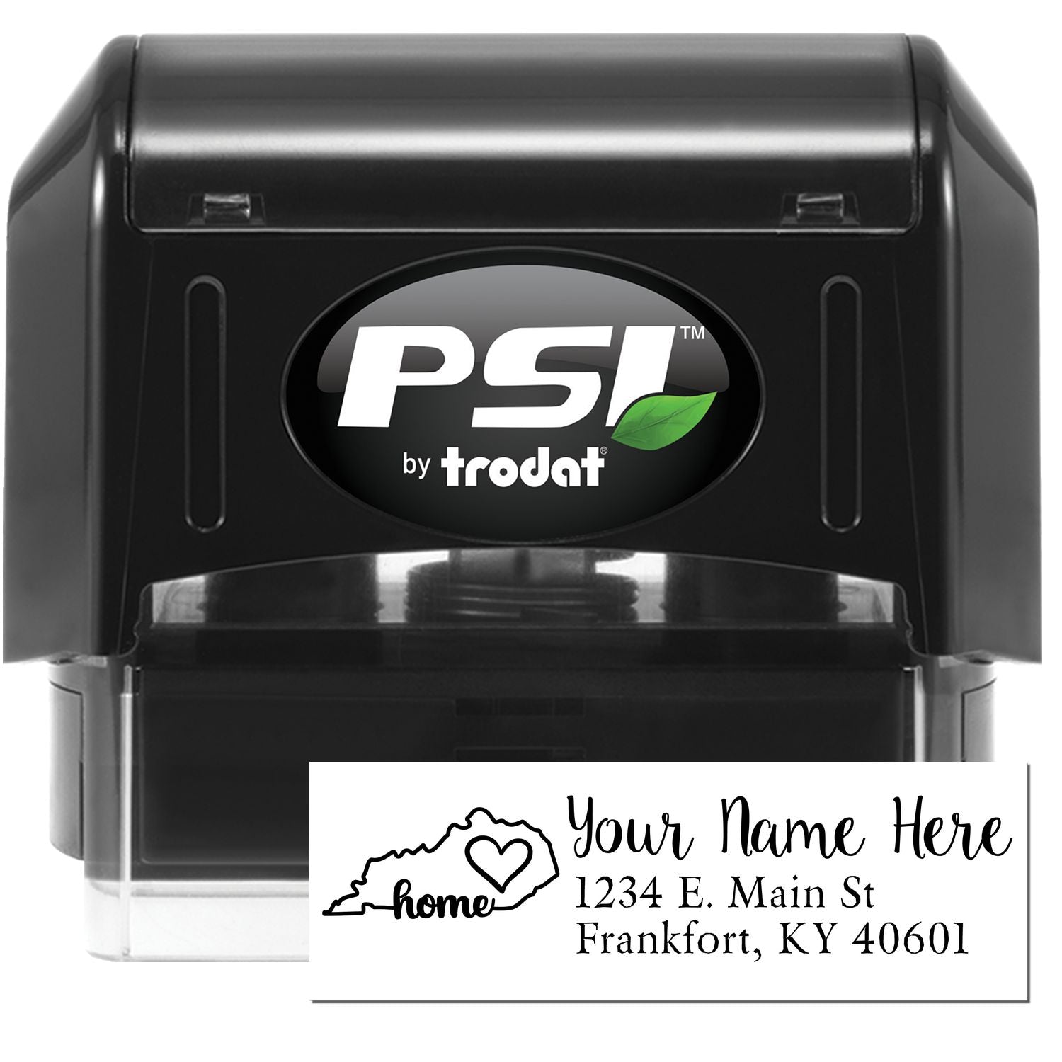 PSI Pre-Inked Personalized Kentucky State Love Address Stamp featuring a black casing and a sample imprint with a heart and Kentucky outline, perfect for adding a personal touch to your mail.