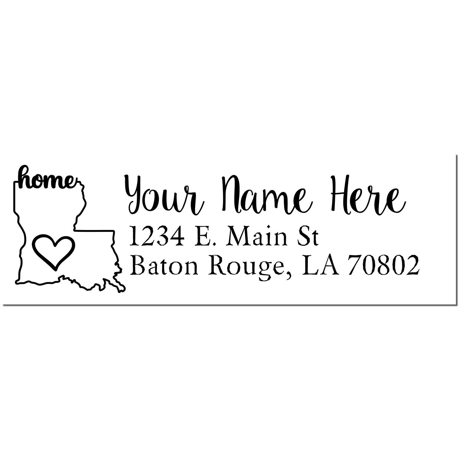 PSI Pre-Inked Personalized Louisiana State Love Address Stamp featuring a heart design within the state outline, customizable with your name and address in a stylish font.