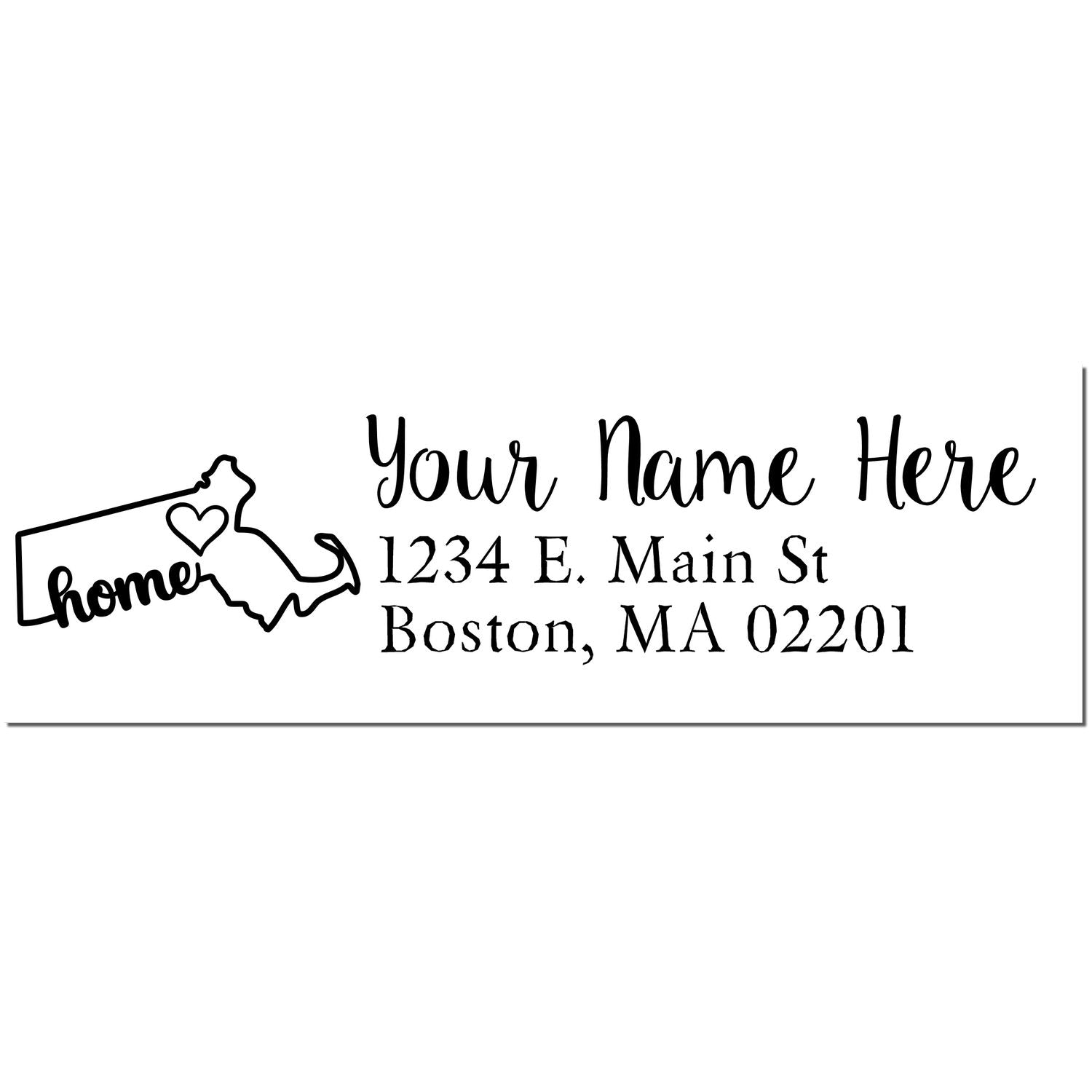 Massachusetts Self-Inking State Love Address Stamp featuring a map outline with a heart, the word home, and customizable text for name and address. Perfect for personalizing mail from Boston, MA.