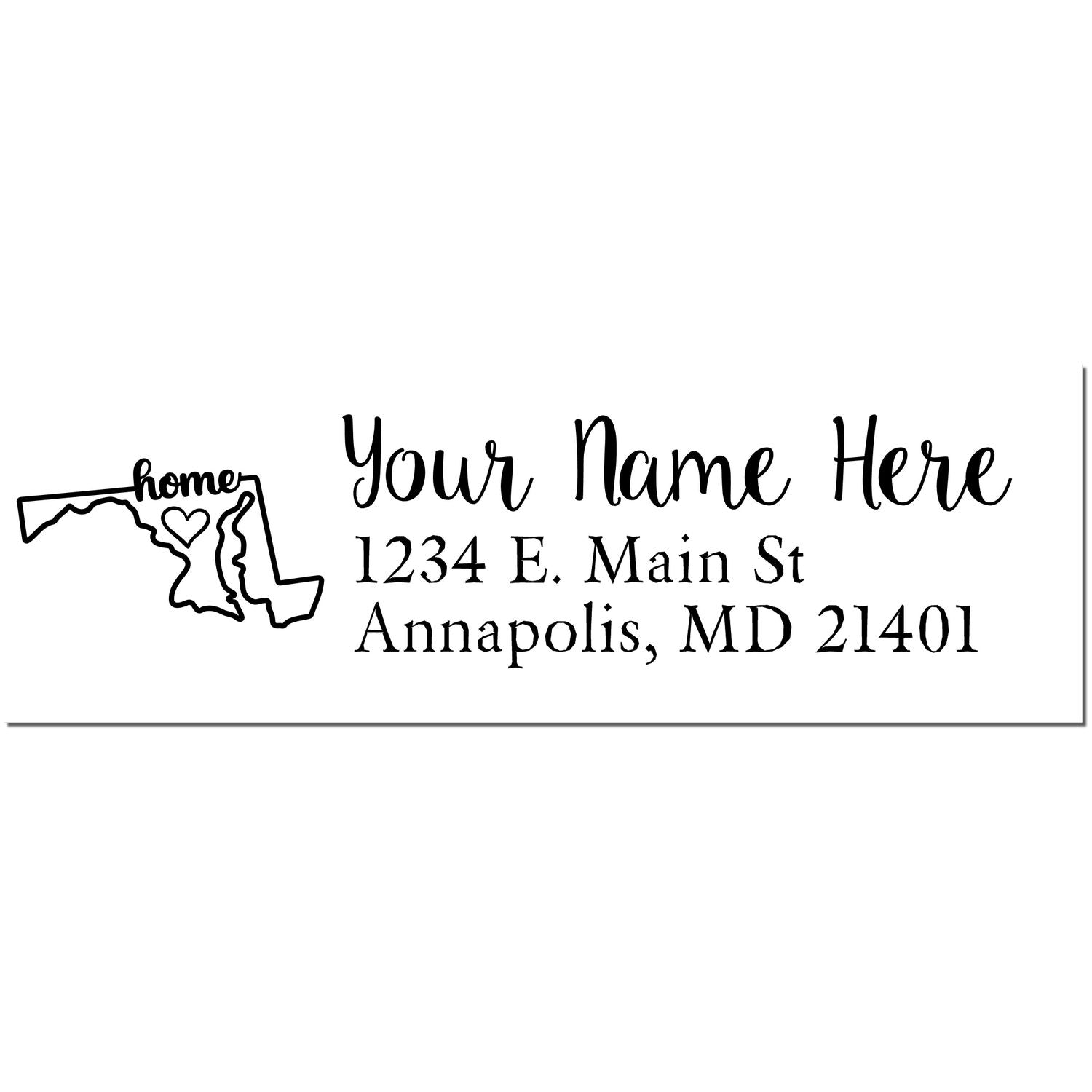 PSI Pre-Inked Personalized Maryland State Love Address Stamp featuring a map outline with home text, customizable name, and address fields. Perfect for adding a personal touch to mail.