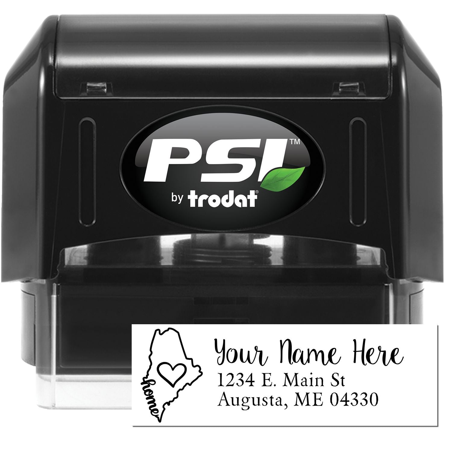 Image of a PSI Pre-Inked Personalized Maine State Love Address Stamp, featuring a black casing and a sample imprint with a heart and home text inside the Maine state outline, plus address lines.