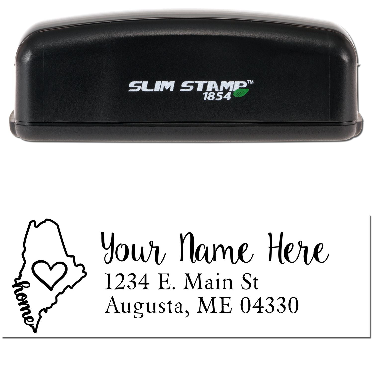 Image of a Slim Pre-Inked Maine State Love Custom Address Stamp, featuring a black casing and a stamp design with a heart inside the Maine state outline, personalized with an address.