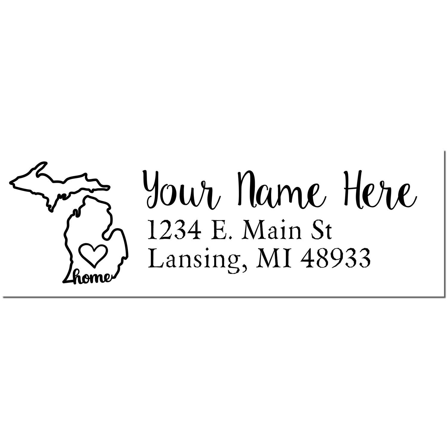 Michigan Self-Inking State Love Address Stamp featuring a map outline with a heart, customizable text for name and address, shown in black ink.