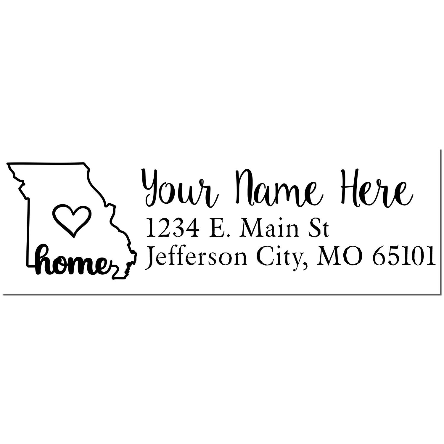 Missouri Self-Inking State Love Address Stamp featuring a heart inside the state outline, customizable with name and address: 1234 E. Main St, Jefferson City, MO 65101. Perfect for personalizing mail.