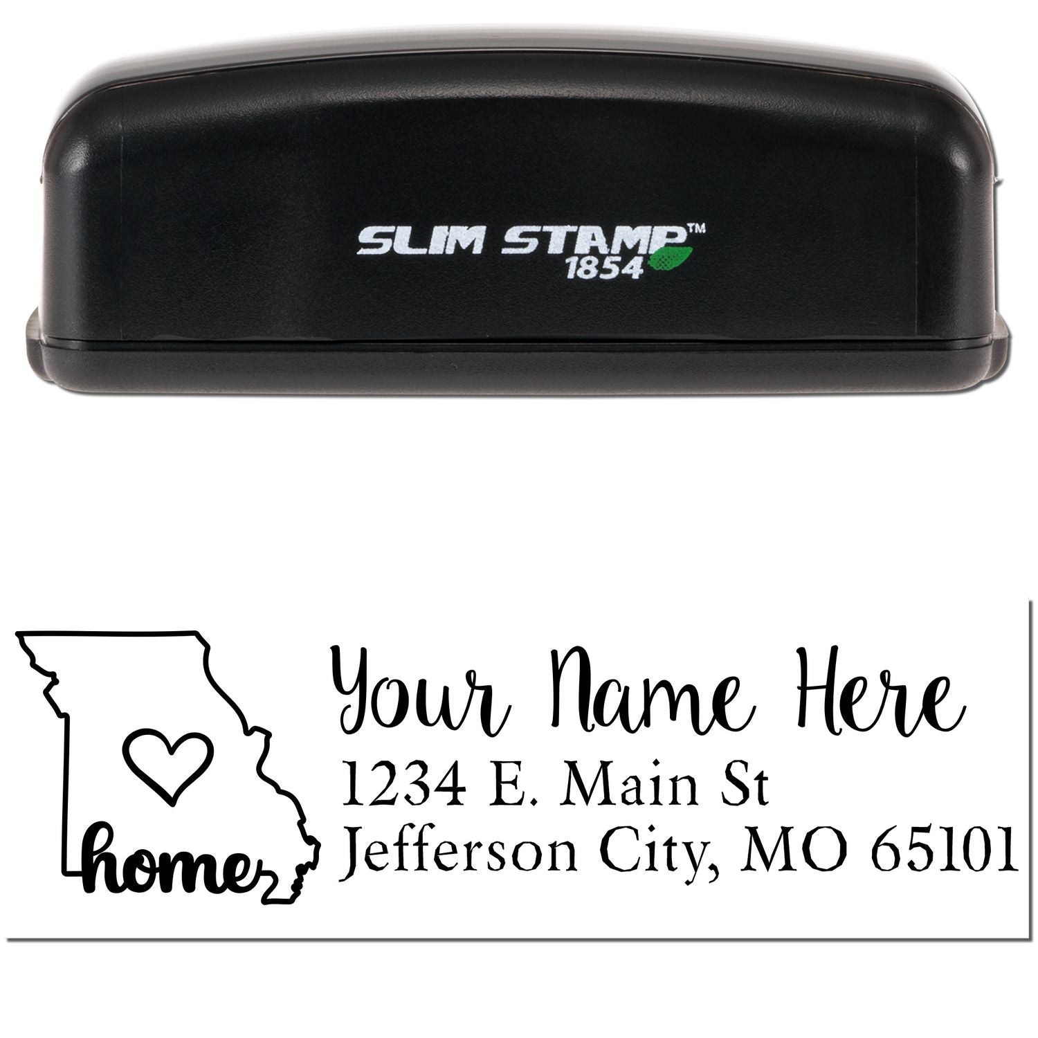 Slim Pre-Inked Missouri State Love Custom Address Stamp featuring a black casing and a design with a heart inside the Missouri state outline, personalized with name and address.