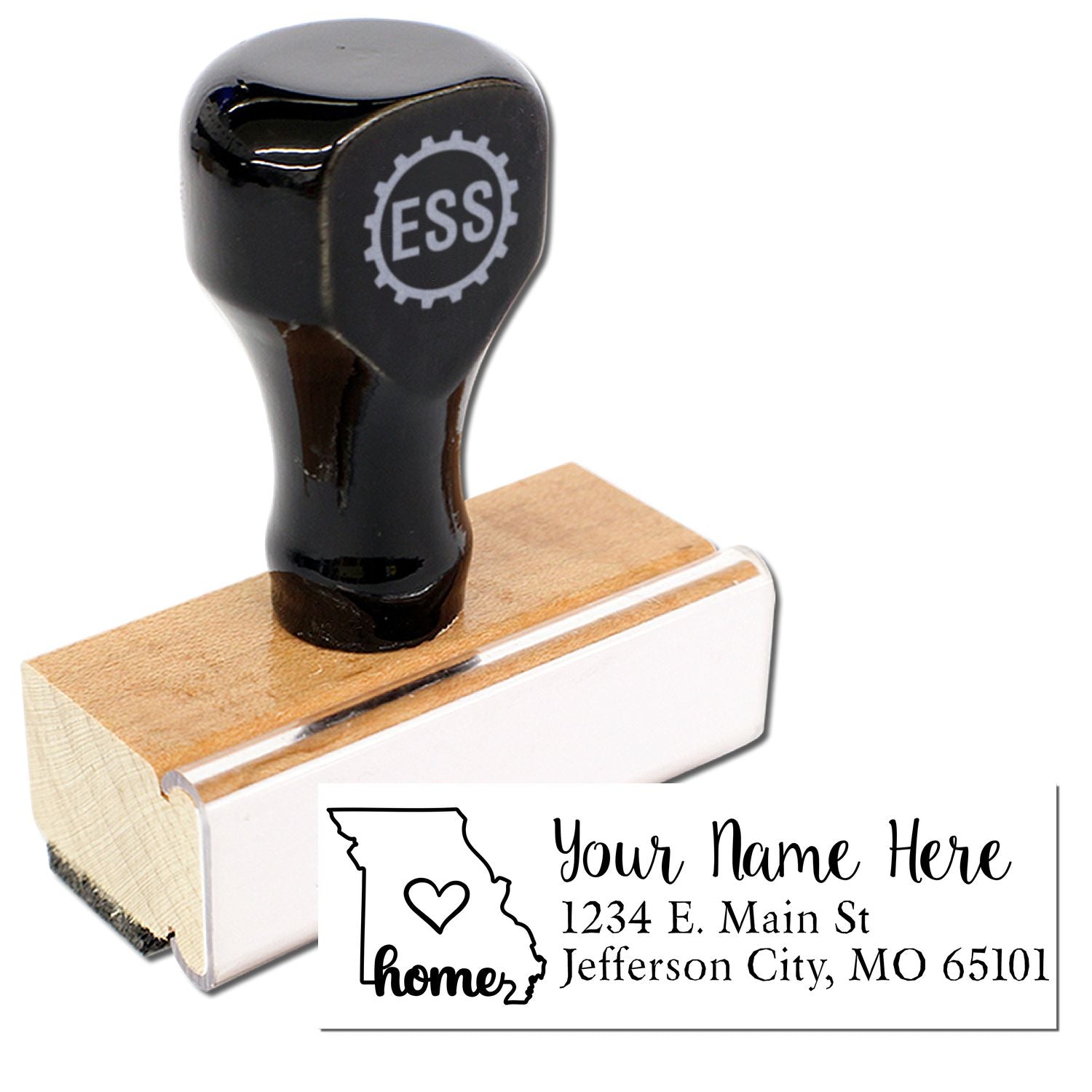 Wood Handle Missouri Custom Address Rubber Stamp with a black top and wooden base. Features a customizable address design with a heart and state outline, perfect for personalizing mail.