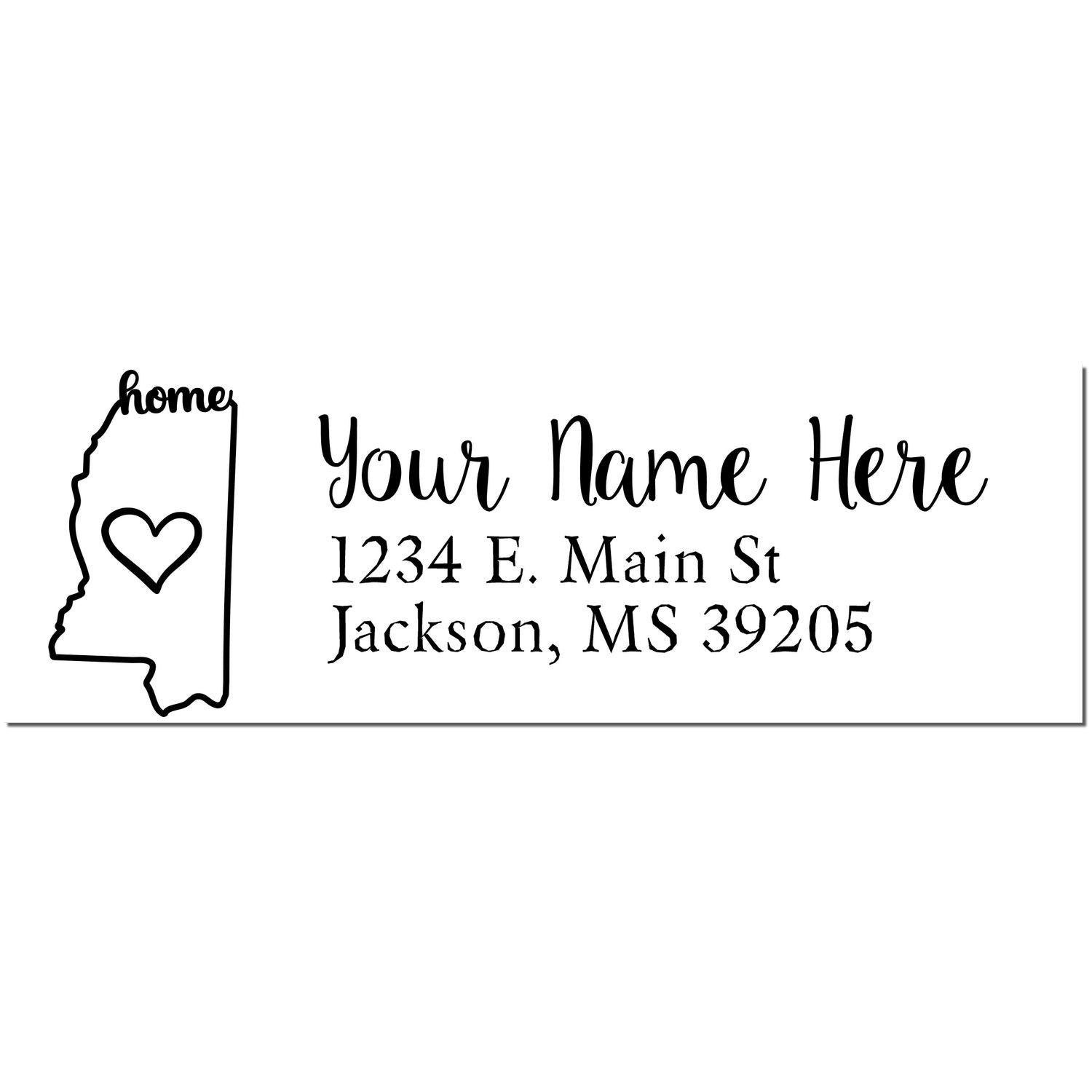 PSI Pre-Inked Personalized Mississippi State Love Address Stamp featuring a heart inside the state outline, with customizable name and address fields in elegant script.