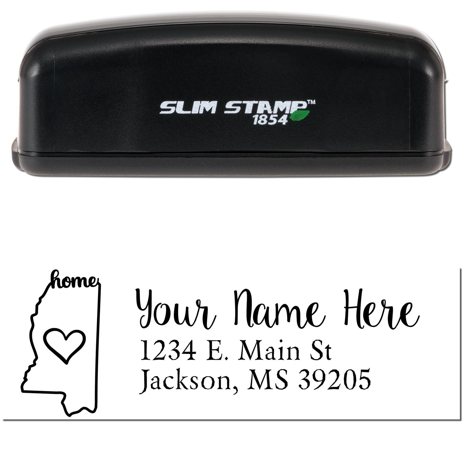 Slim Pre-Inked Mississippi State Love Custom Address Stamp with a black casing. Features a state outline with a heart and customizable address text below. Perfect for personalizing mail.