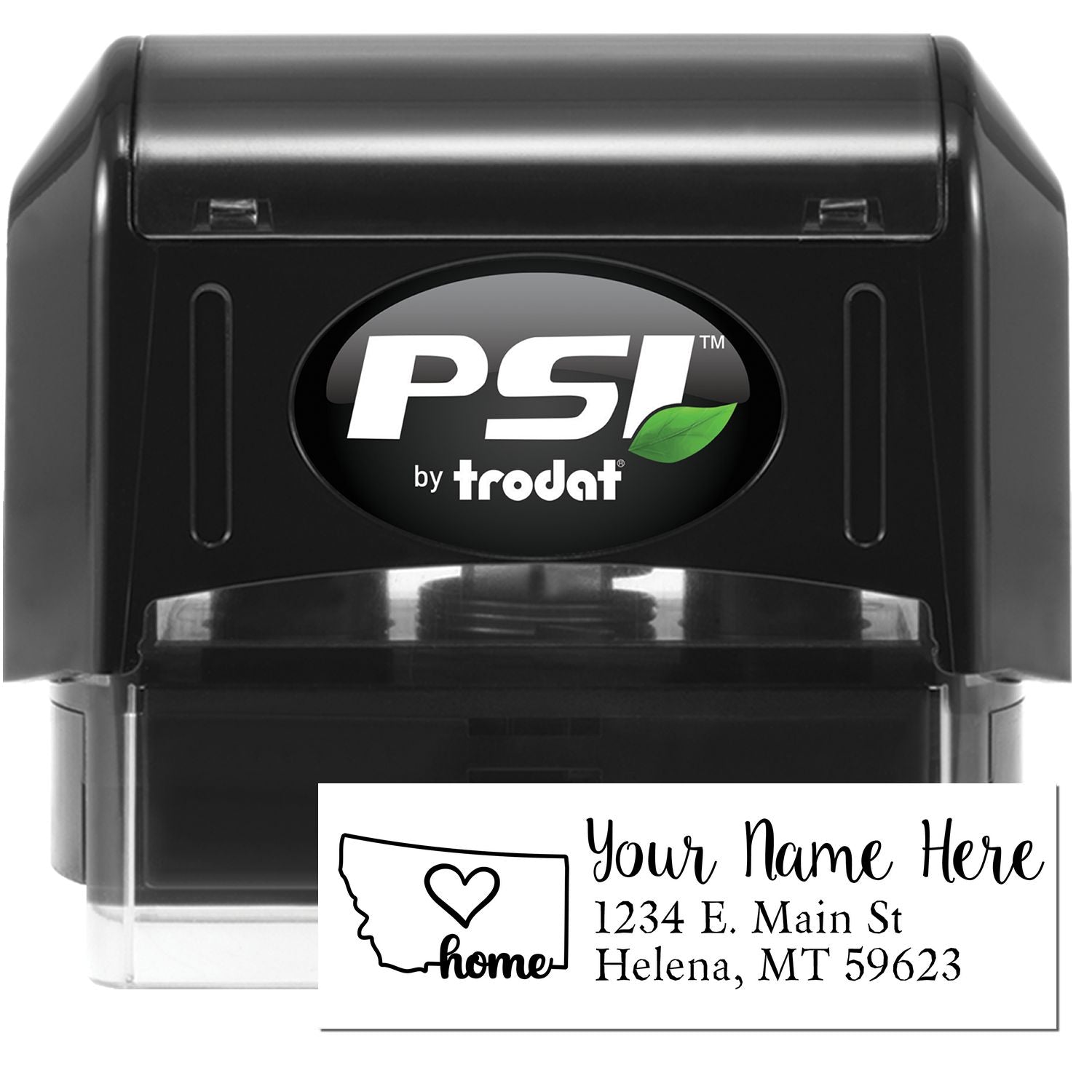 PSI Pre-Inked Personalized Montana State Love Address Stamp with a black casing, featuring a heart and home design, customizable with your name and address.