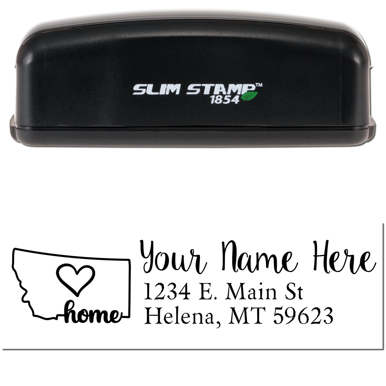 Slim Pre-Inked Montana State Love Custom Address Stamp with a black casing. Features a heart design over Montana outline and customizable address text: Your Name Here, 1234 E. Main St, Helena, MT 59623.