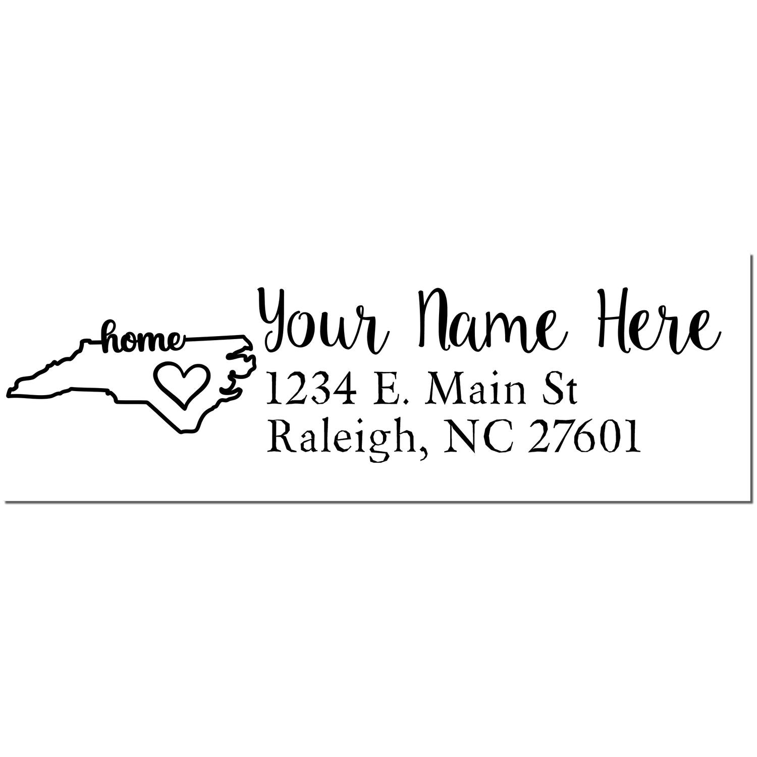 North Carolina Self-Inking State Love Address Stamp featuring a heart design within the state outline, customizable with name and address in elegant script. Perfect for personalizing mail.