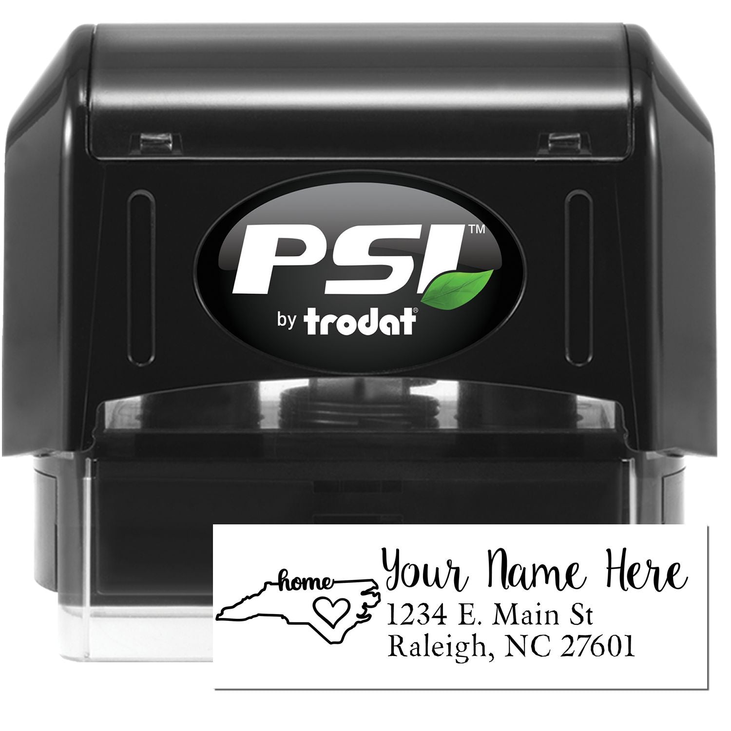 PSI Pre-Inked Personalized North Carolina State Love Address Stamp featuring a black casing and a sample imprint with a heart over North Carolina, customizable with your address.