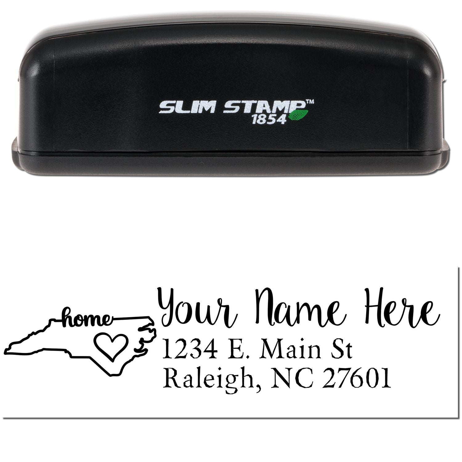 Slim Pre-Inked North Carolina State Love Custom Address Stamp with a black casing. Features a state outline, heart icon, and customizable address text. Ideal for personalizing mail.