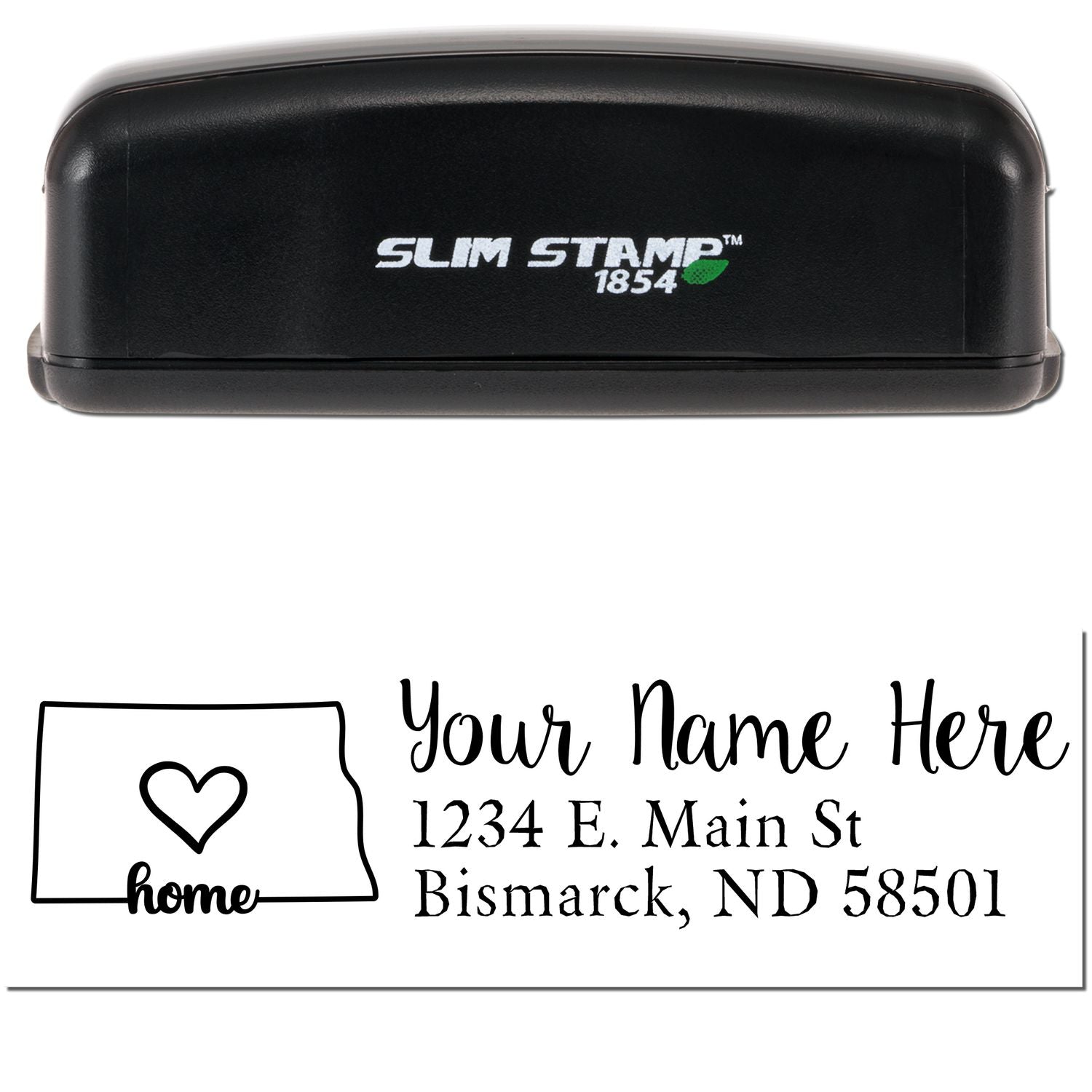 Image of a Slim Pre-Inked North Dakota State Love Custom Address Stamp with a black casing and a sample imprint showing a heart inside the state outline, personalized address, and home text.