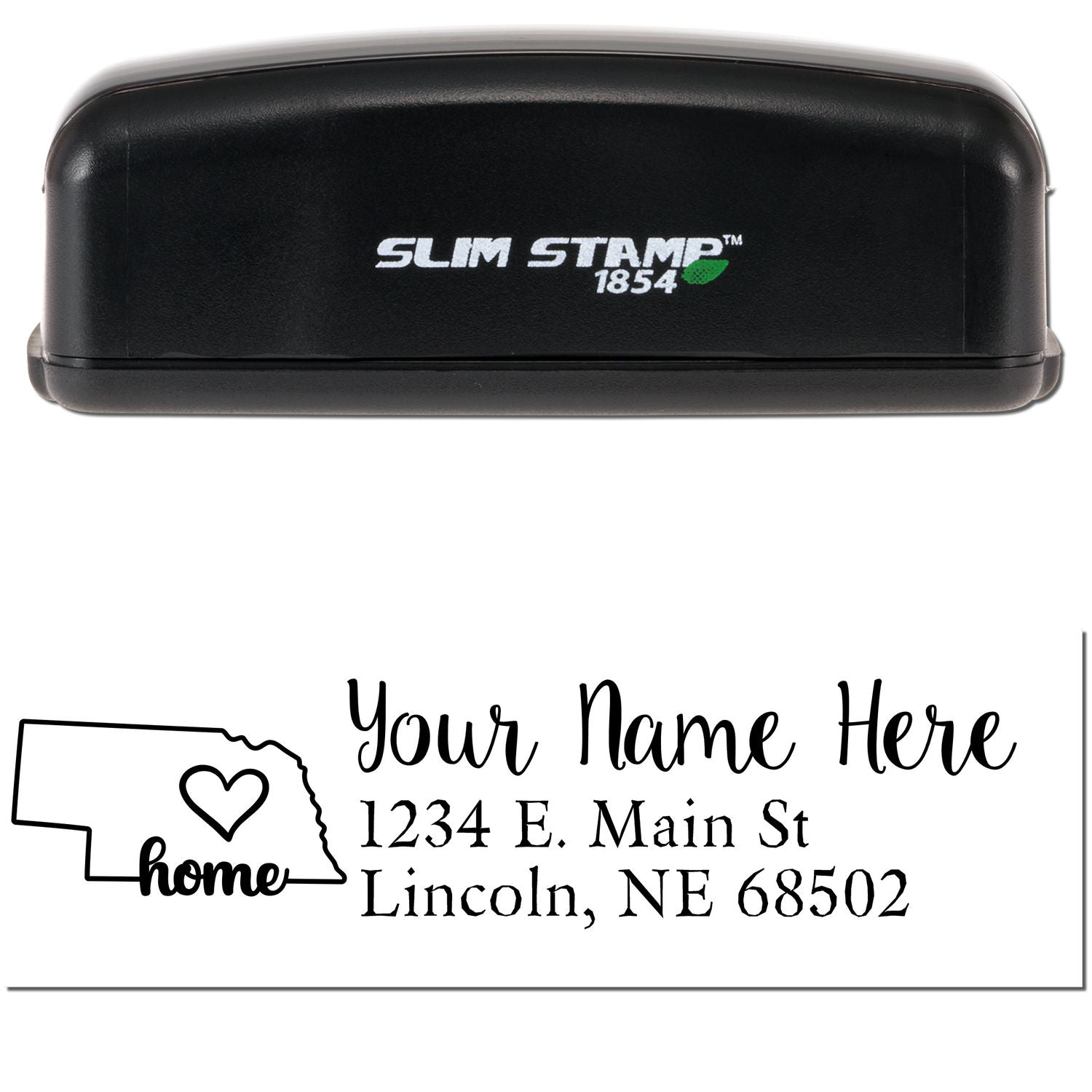 Slim Pre-Inked Nebraska State Love Custom Address Stamp with a black casing, featuring a heart design and customizable address text for Nebraska residents.