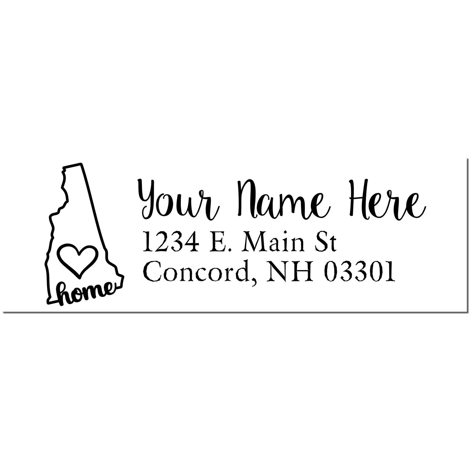 PSI Pre-Inked Personalized New Hampshire State Love Address Stamp with Your Name Here, address, and a heart inside the state outline. Perfect for adding a personal touch to your mail.