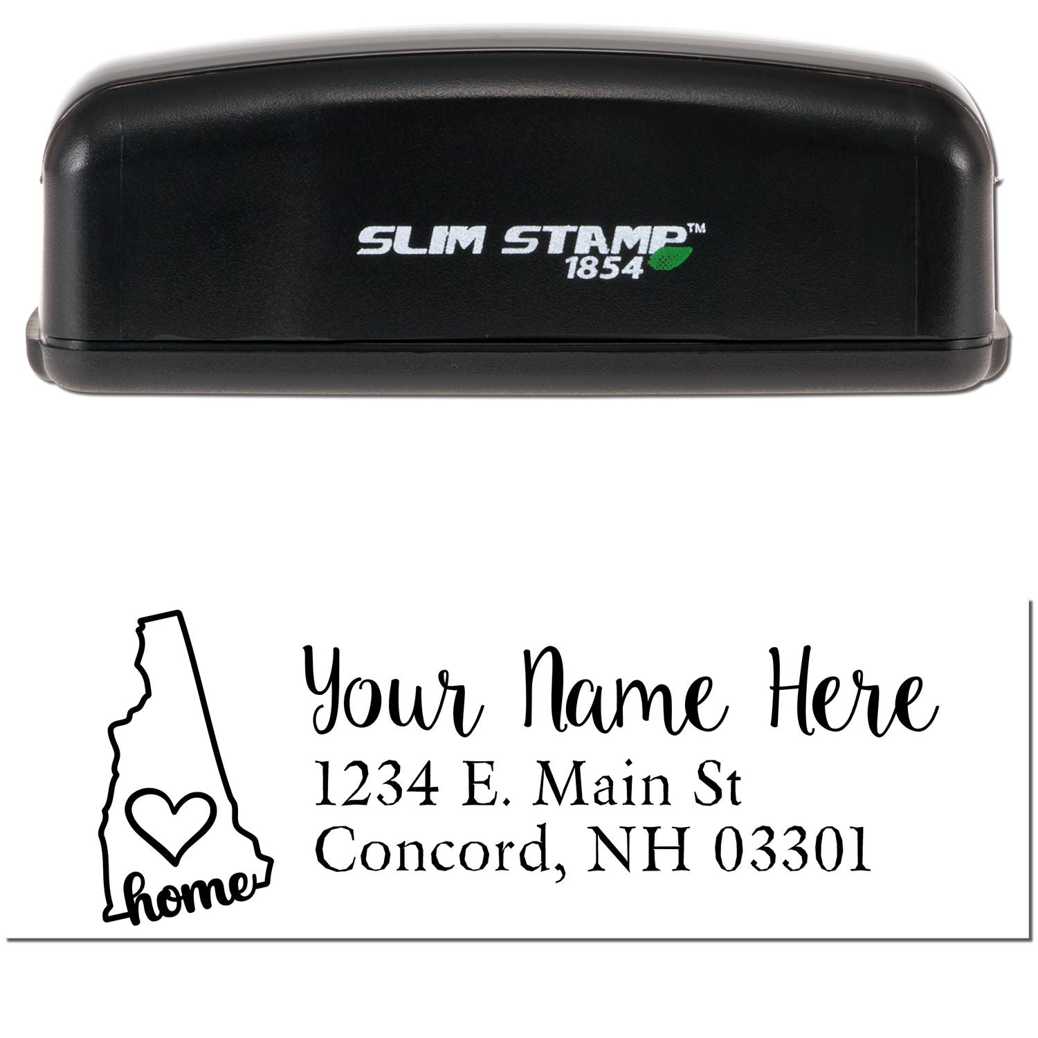 Image of a Slim Pre-Inked New Hampshire State Love Custom Address Stamp, featuring a black casing and a stamp design with a heart inside the state outline, personalized with an address.