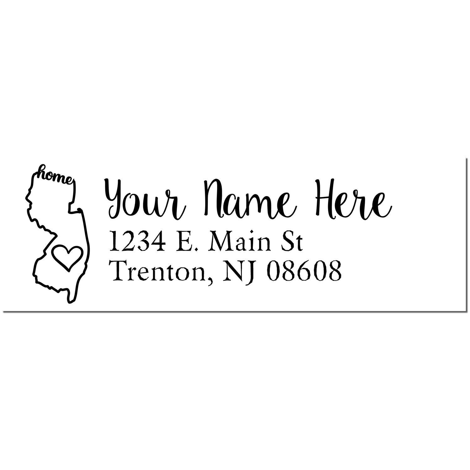 Wood Handle New Jersey Custom Address Rubber Stamp featuring a heart design on the state outline, personalized with Your Name Here and address in elegant font. Perfect for adding a personal touch.