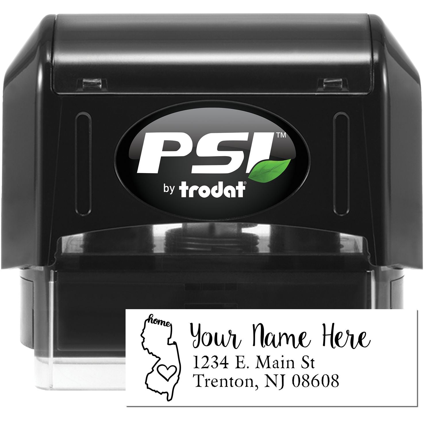 PSI Pre-Inked Personalized New Jersey State Love Address Stamp featuring a black casing and a sample imprint with a heart design, state outline, and customizable address text.