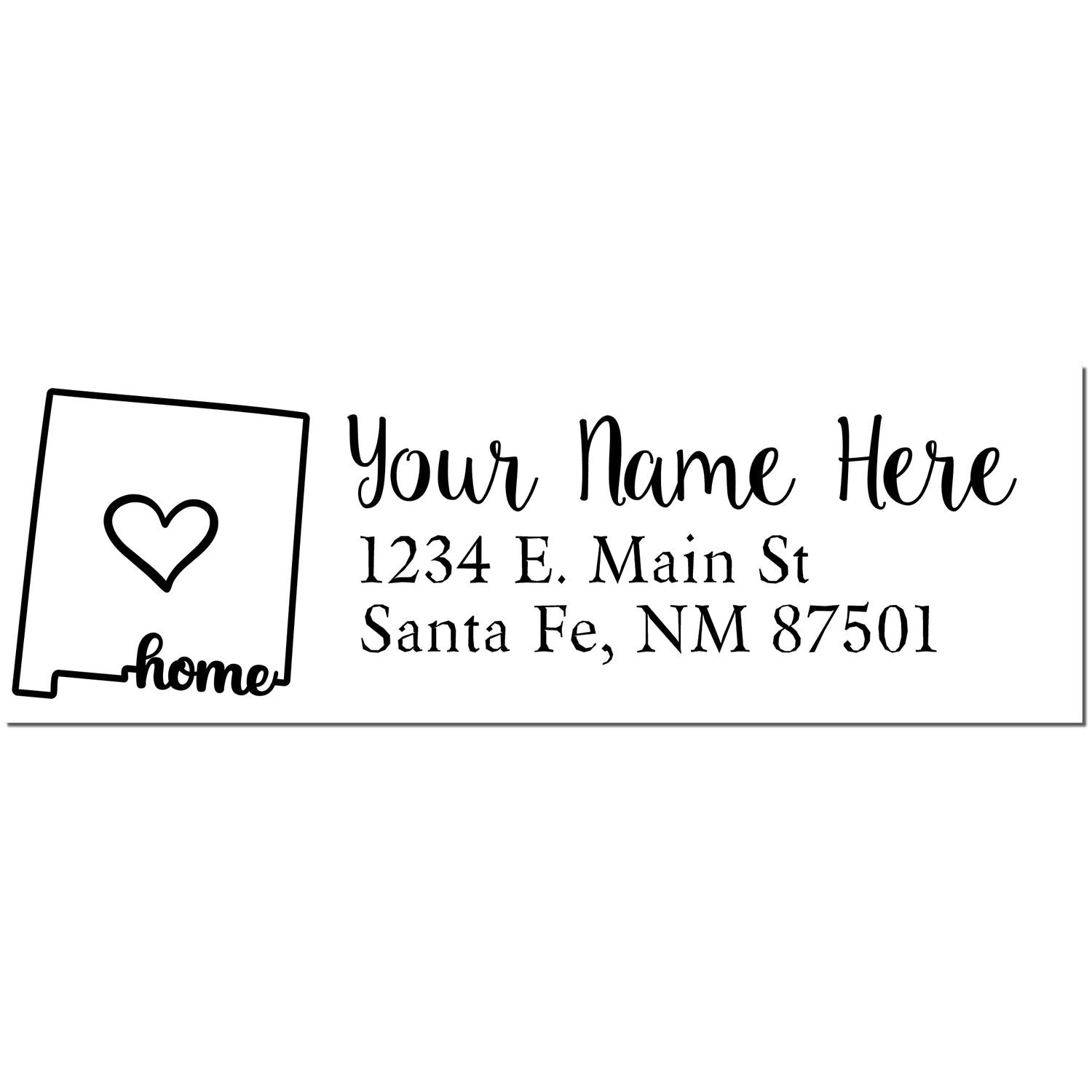 New Mexico Self-Inking State Love Address Stamp featuring a heart inside the state outline, customizable with name and address. Perfect for personalizing mail with a touch of home.