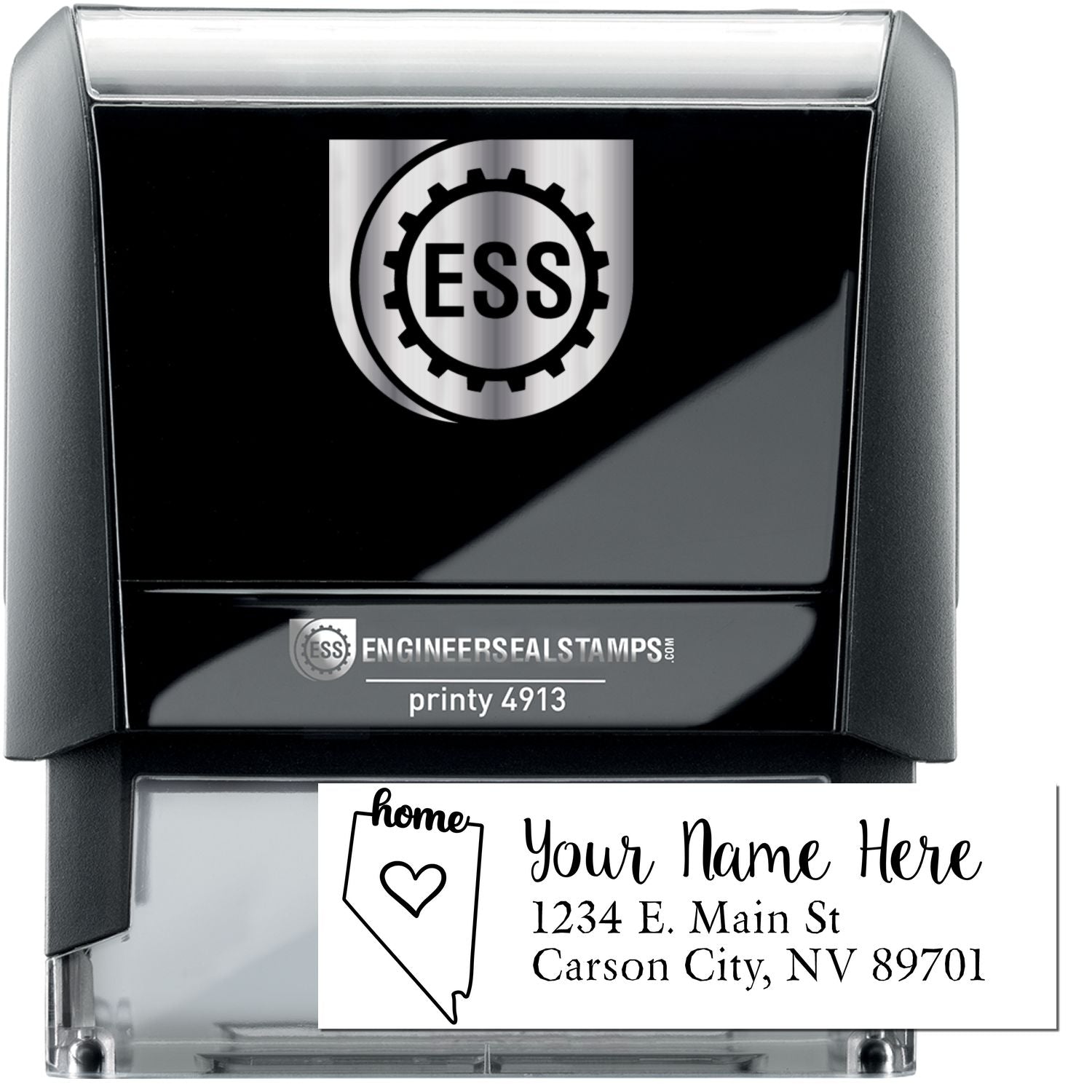 Nevada Self-Inking State Love Address Stamp with a black casing, featuring a customizable address area with a heart and state outline design. Ideal for personalizing mail with a Nevada touch.