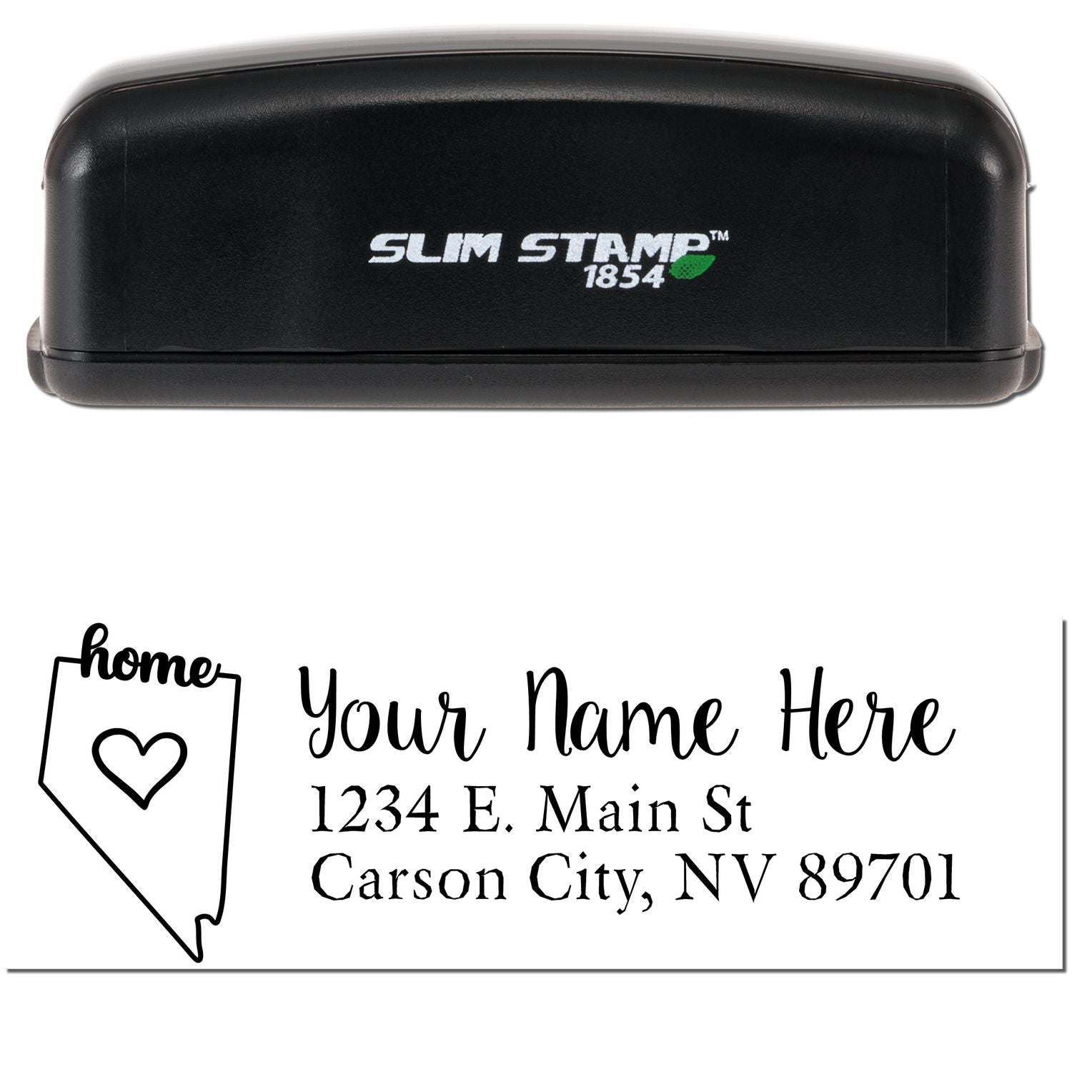 Slim Pre-Inked Nevada State Love Custom Address Stamp with a black casing. Features a Nevada outline with a heart and customizable address text. Ideal for personalizing mail with style.