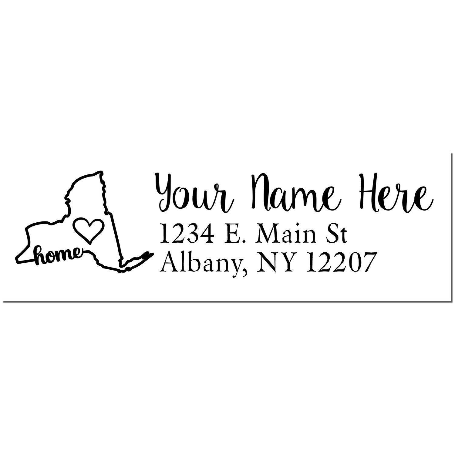 New York Self-Inking State Love Address Stamp featuring a map outline with a heart, the word home, and customizable text for name and address. Perfect for personalizing mail with a New York touch.