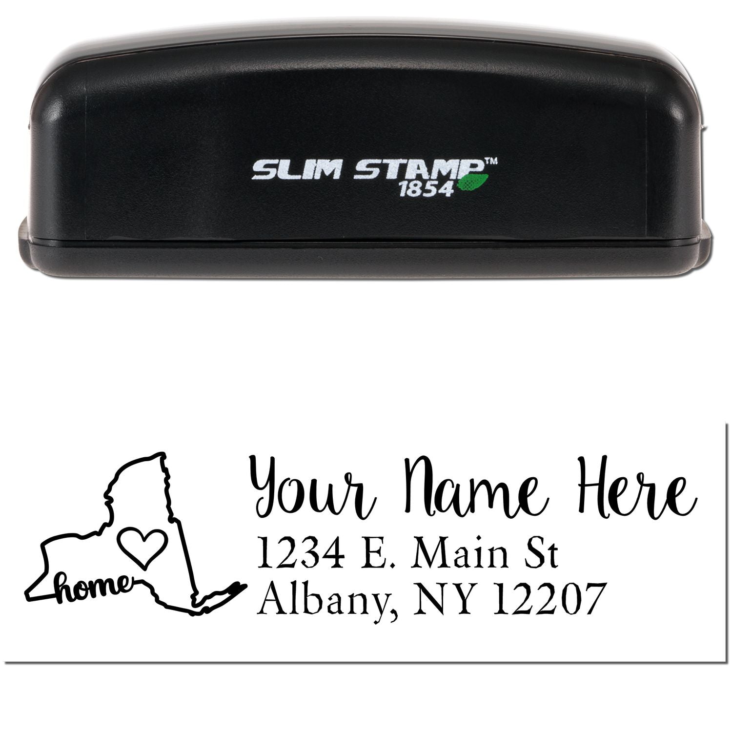 Slim Pre-Inked New York State Love Custom Address Stamp with a black casing. Features a map outline of New York with a heart and the word home, alongside customizable address text.