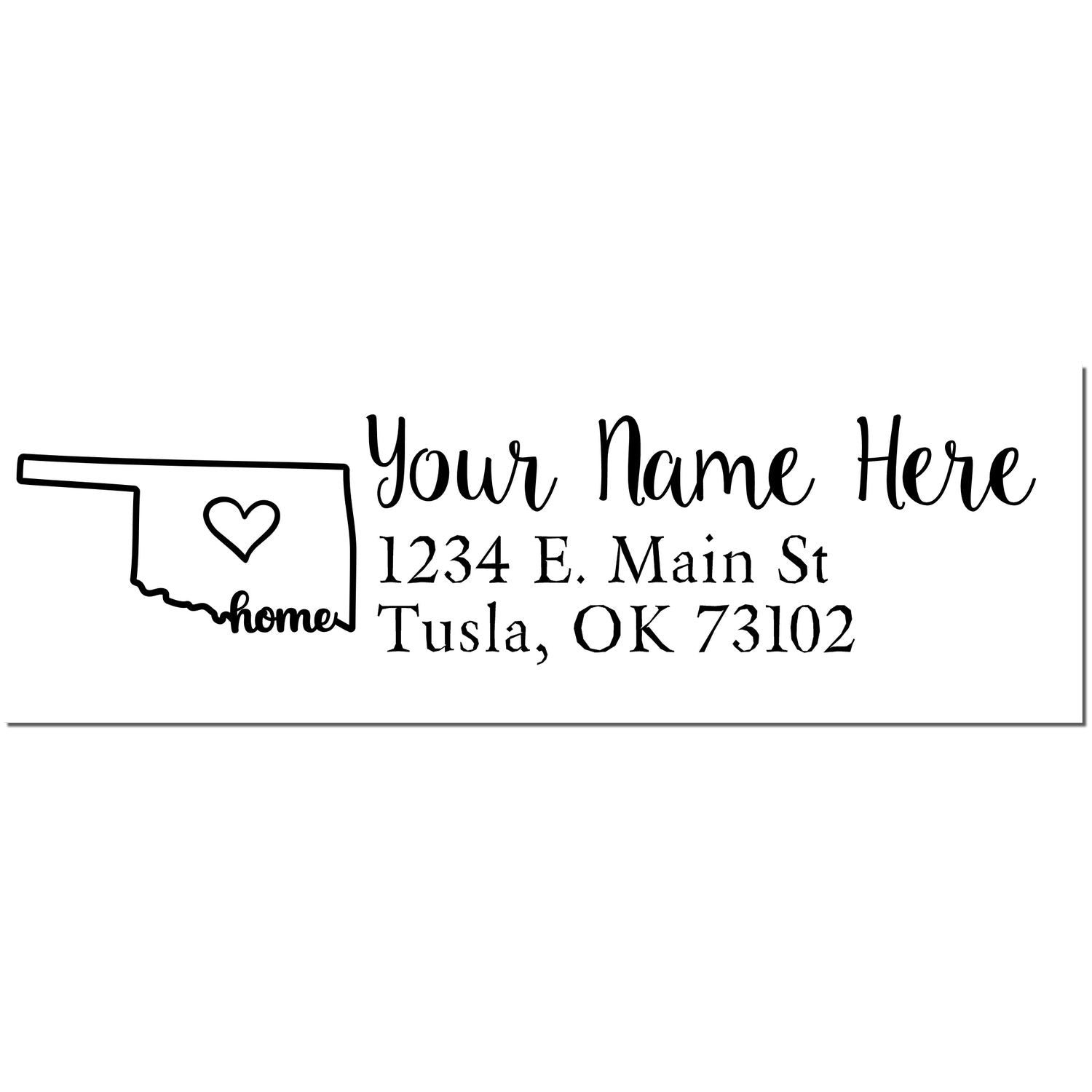 Wood Handle Oklahoma Custom Address Rubber Stamp with outline of Oklahoma, heart icon, and customizable text for name and address. Example: 'Your Name Here, 1234 E. Main St, Tulsa, OK 73102'.