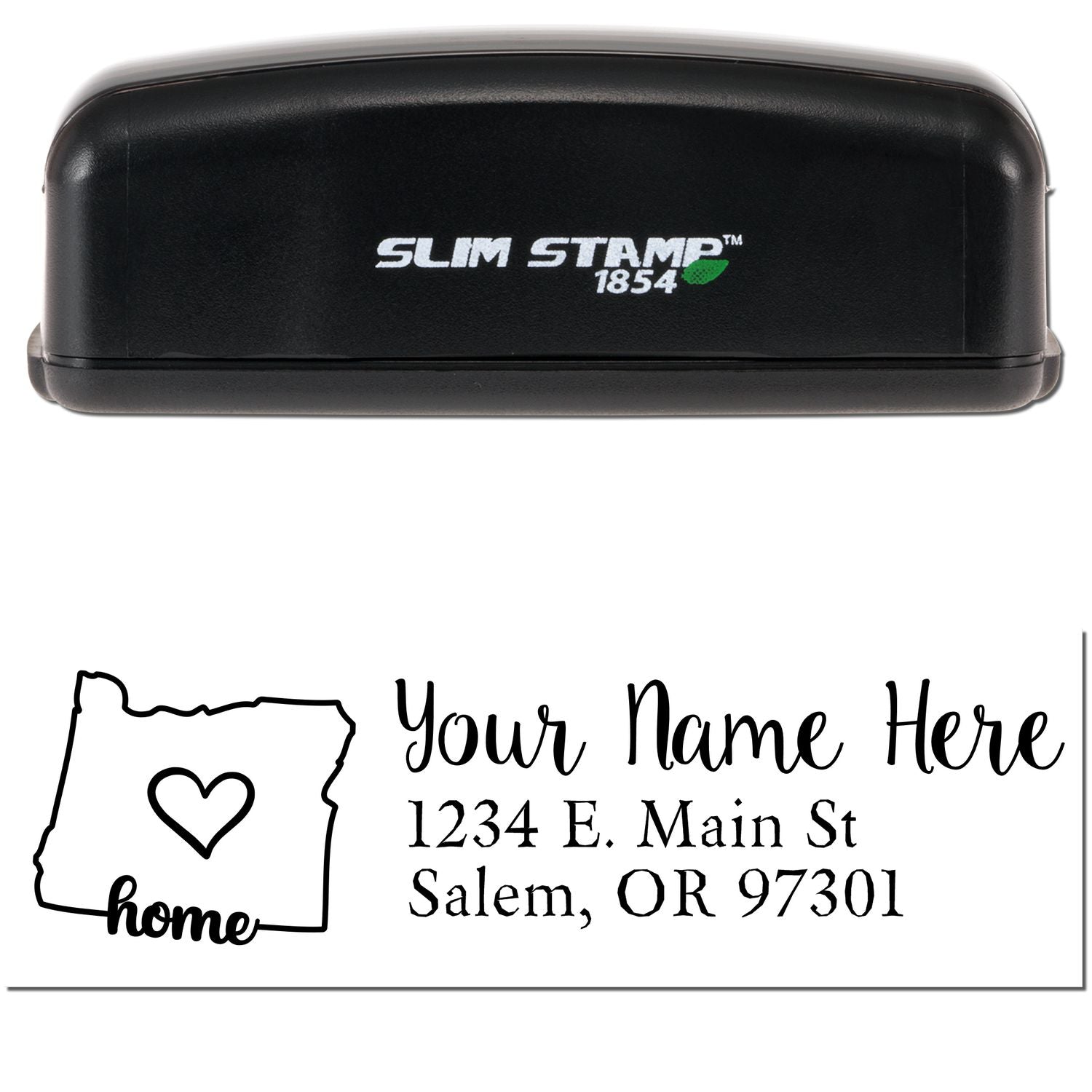 Slim Pre-Inked Oregon State Love Custom Address Stamp with a black casing. Features a heart inside the Oregon outline and customizable address text below. Perfect for personalizing mail.