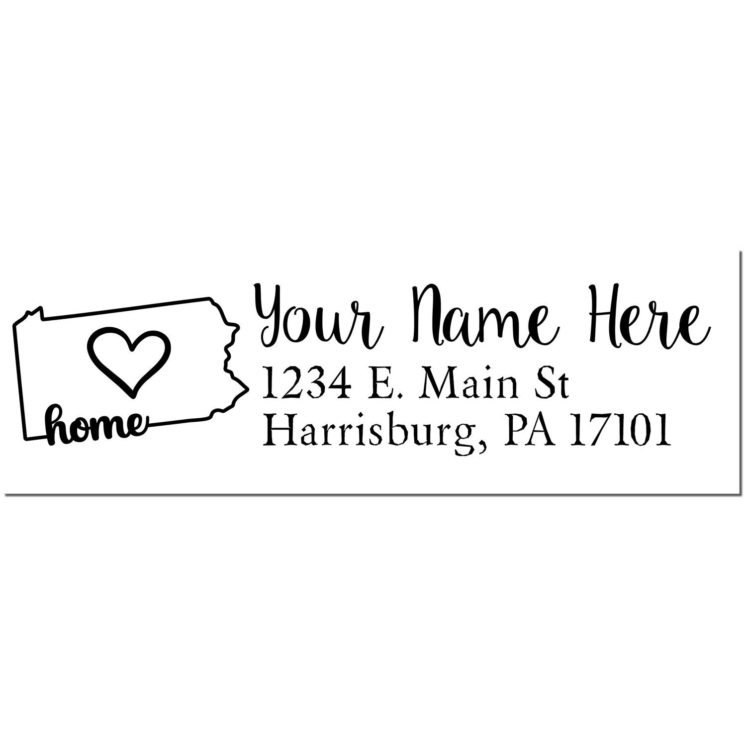 Wood Handle Pennsylvania Custom Address Rubber Stamp with a heart design inside the state outline. Text reads Your Name Here, 1234 E. Main St, Harrisburg, PA 17101.