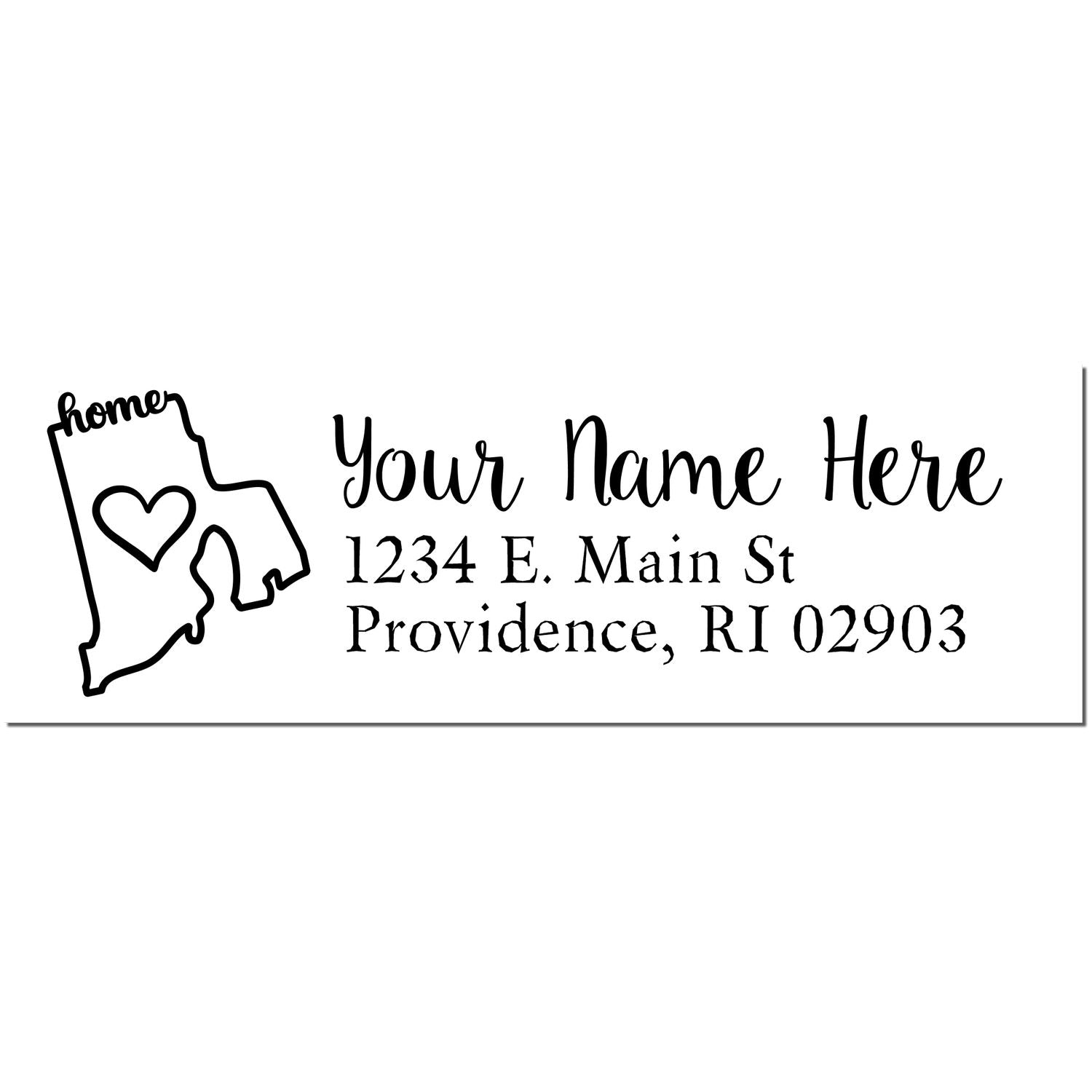 Image of the Rhode Island Self-Inking State Love Address Stamp featuring a heart within the state outline, customizable with name and address in elegant script. Perfect for personalizing mail.