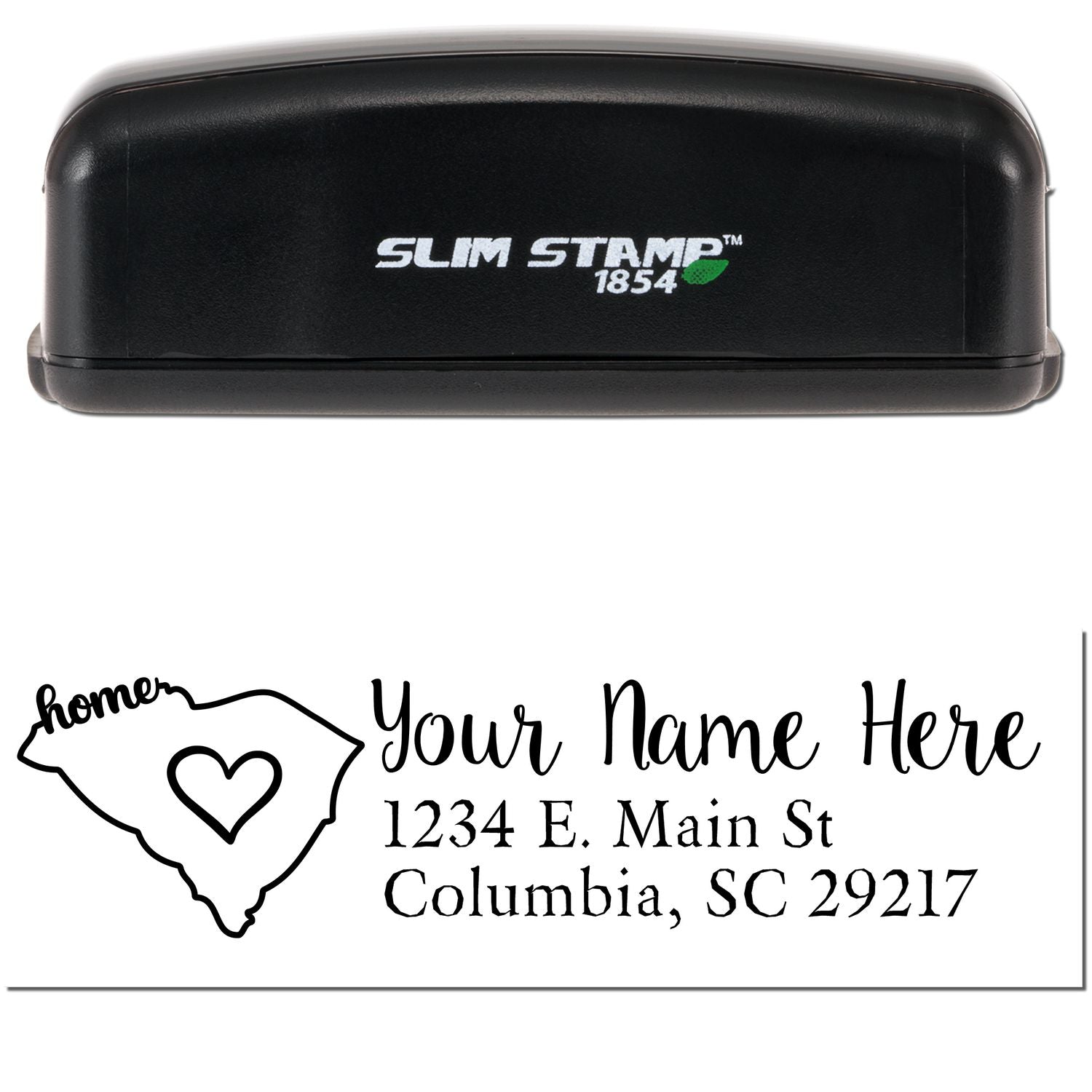 Slim Pre-Inked South Carolina State Love Custom Address Stamp with a black casing. Features a heart design within the state outline and customizable address text below.