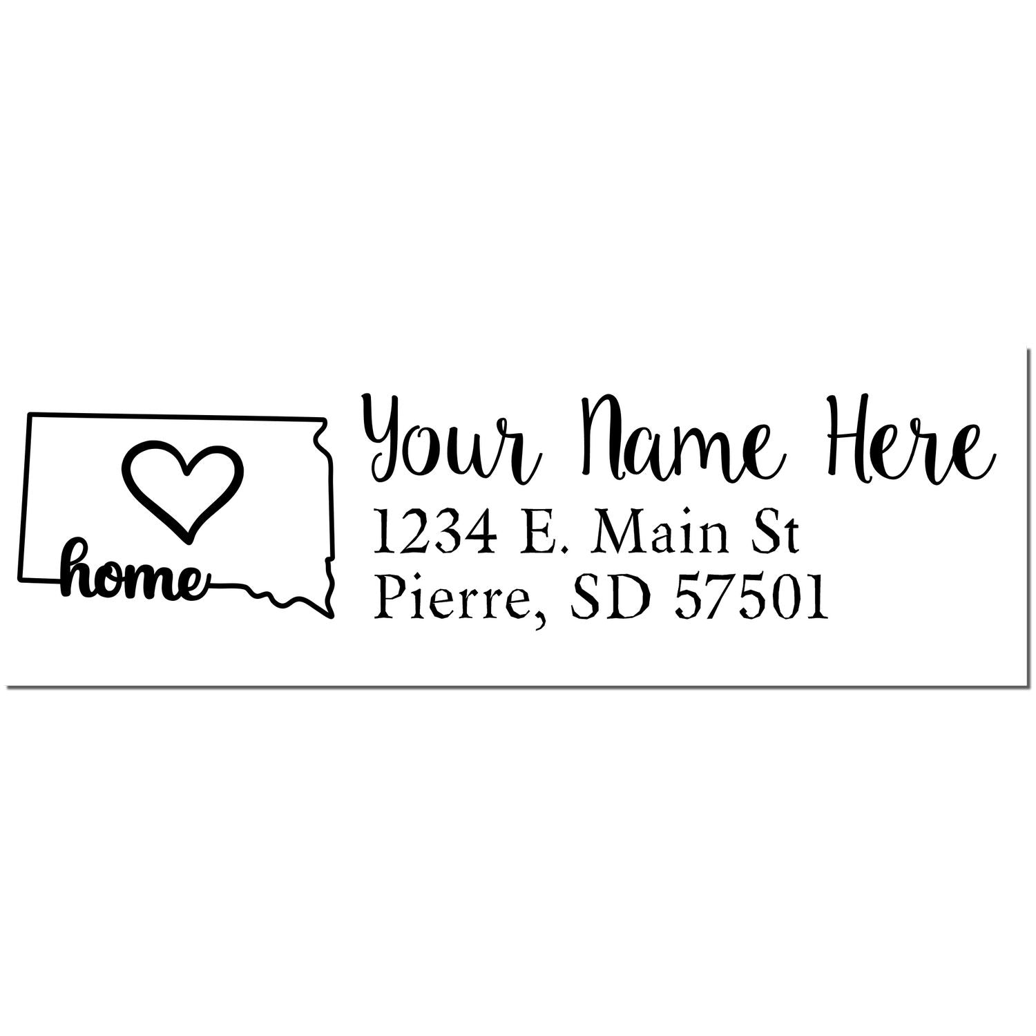 South Dakota Self-Inking State Love Address Stamp featuring a heart inside the state outline, customizable with name and address. Perfect for adding a personal touch to your mail.