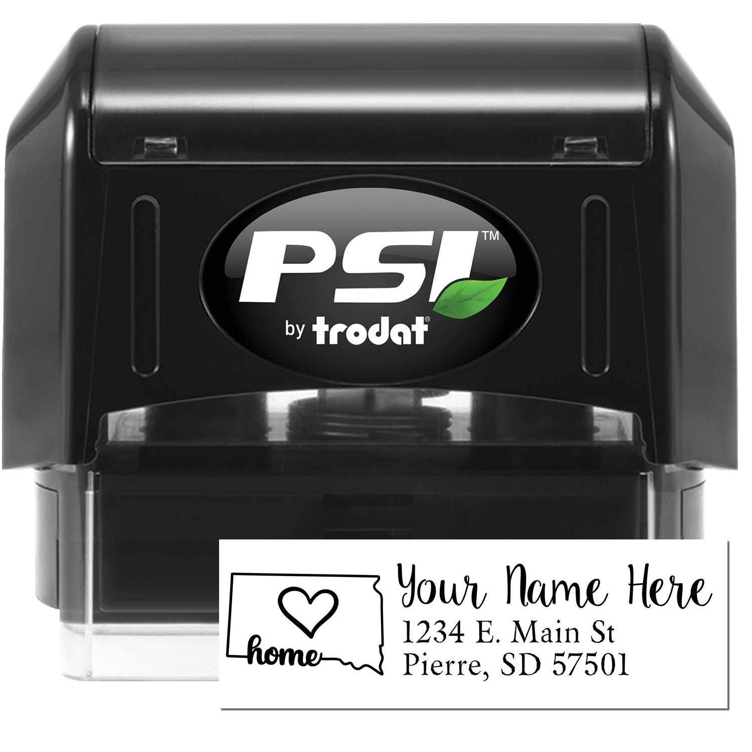 PSI Pre-Inked Personalized South Dakota State Love Address Stamp, featuring a black casing and a design with a heart over South Dakota, customizable with your name and address.