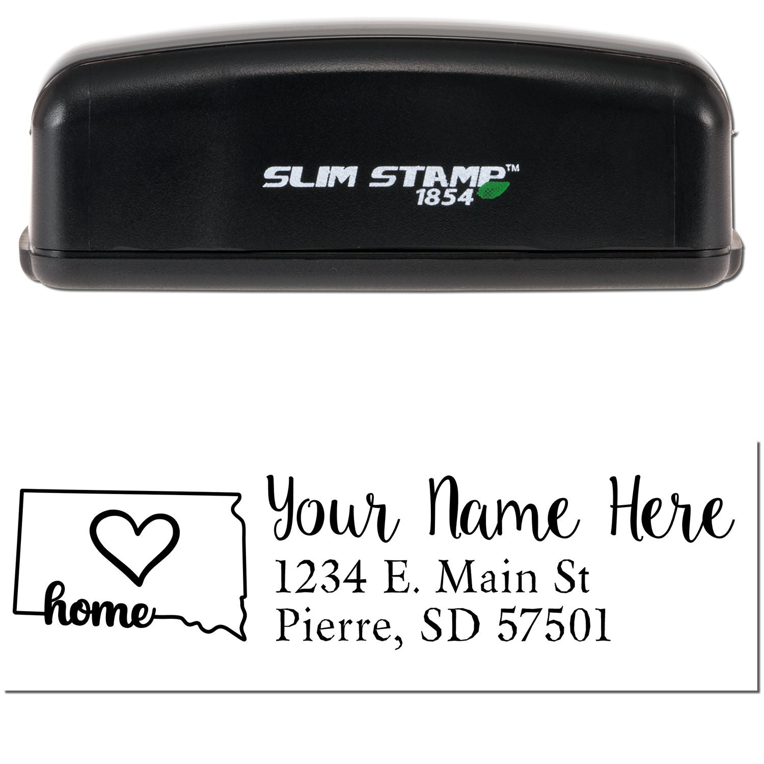 Slim Pre-Inked South Dakota State Love Custom Address Stamp with a black casing. Features a heart design and customizable address text, perfect for personalizing mail with a touch of home.